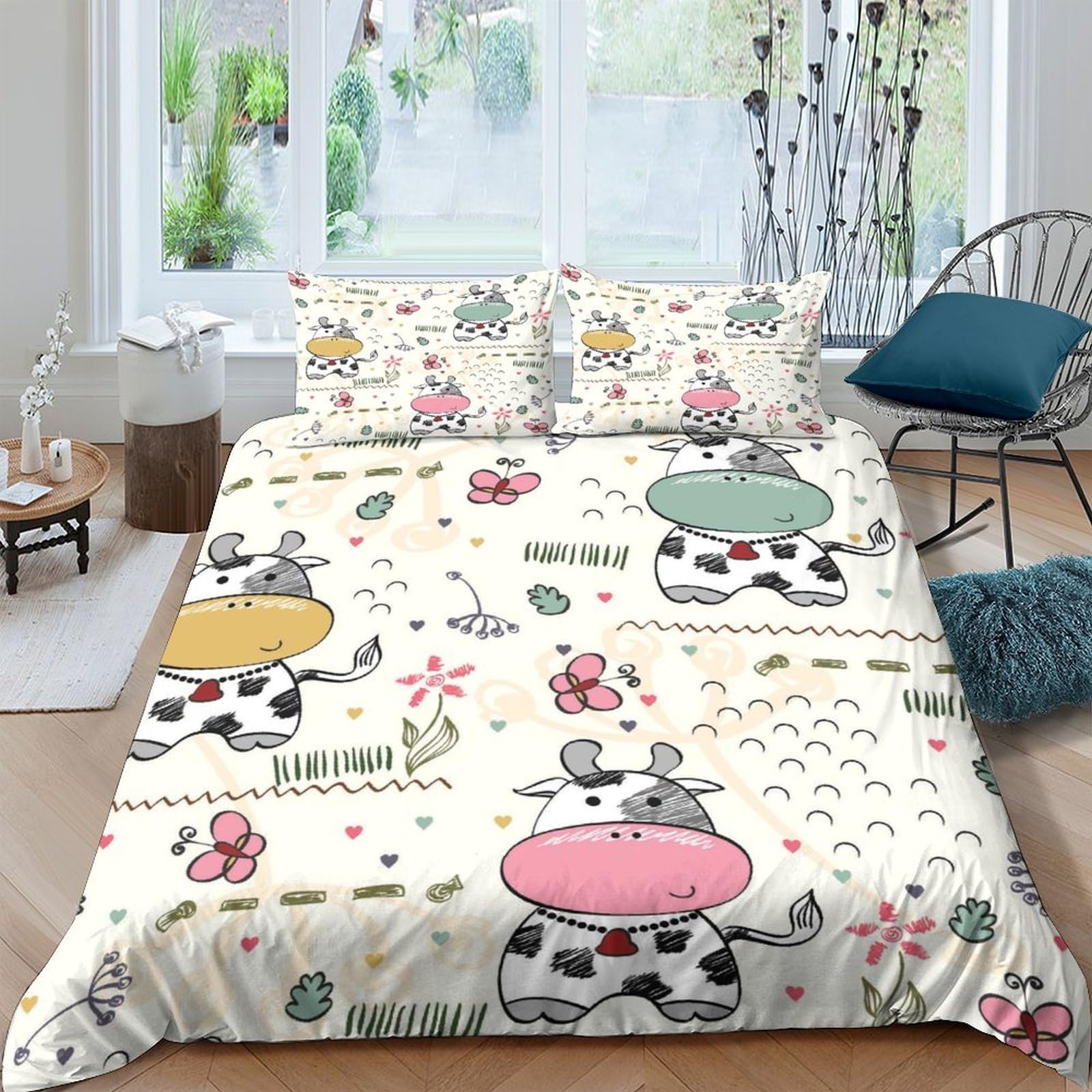 TUFRTGYHN 3D Printed Cartoon Cow Duvet Cover Microfiber Soft Breathable Colorful Bedding Set with 2 Pillowcases for Bedroom Decor Single（135x200cm）