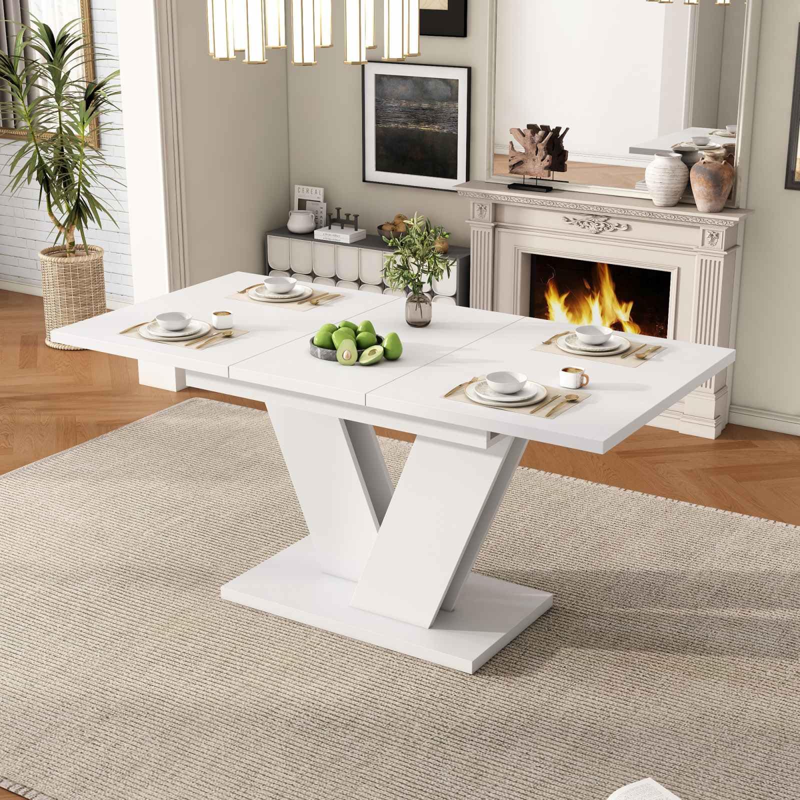 Table à manger blanche rectangulaire avec pied en V design et robuste