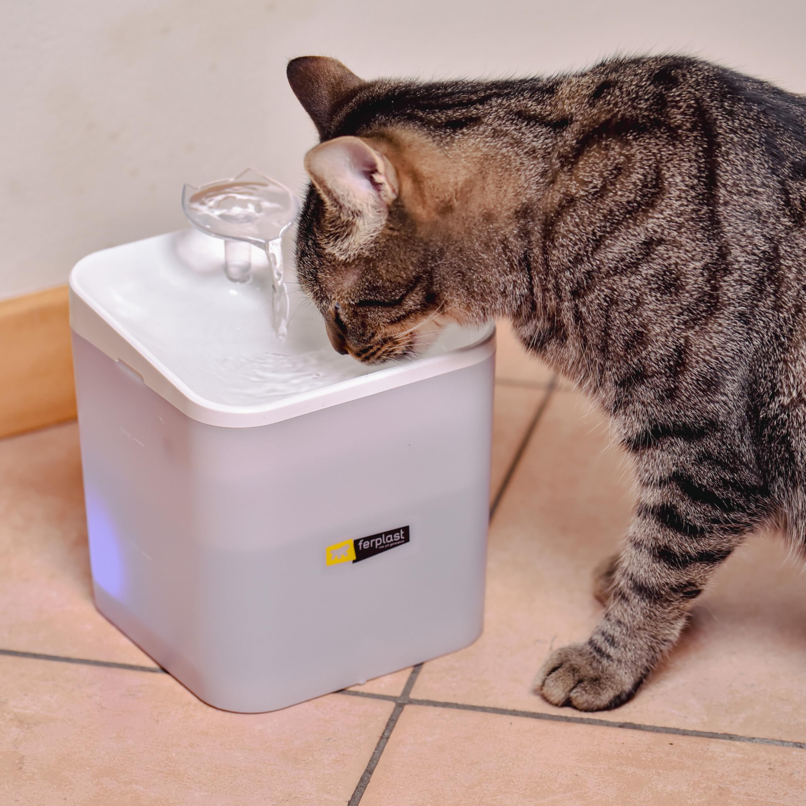 Ferplast Ares Fuente para Gatos y Perros Pequeños, Dispensador de Agua con LED, Capacidad 2 litros, Filtro de Tres Etapas, Fuente de Alimentación Incluida