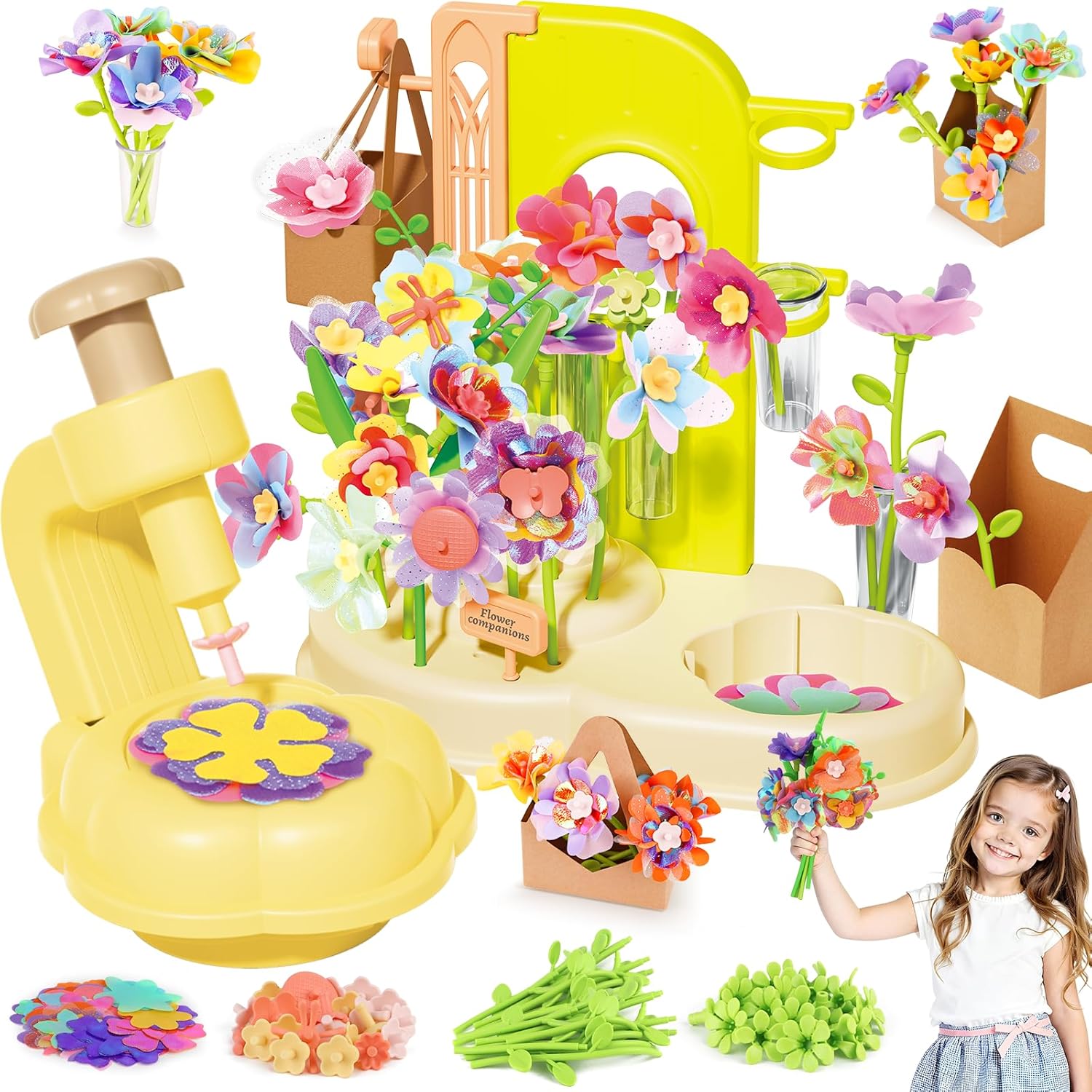 DIY Flower Bouquet Kit, Crafts for Kids Ages 4-6-8, Fabric Flower Bouquets Toys, Arts and Crafts Flower Making Kit for Kids, Creative Christmas Birthday Gift for 4 5 6 7 8 9 10 Year Old Girls