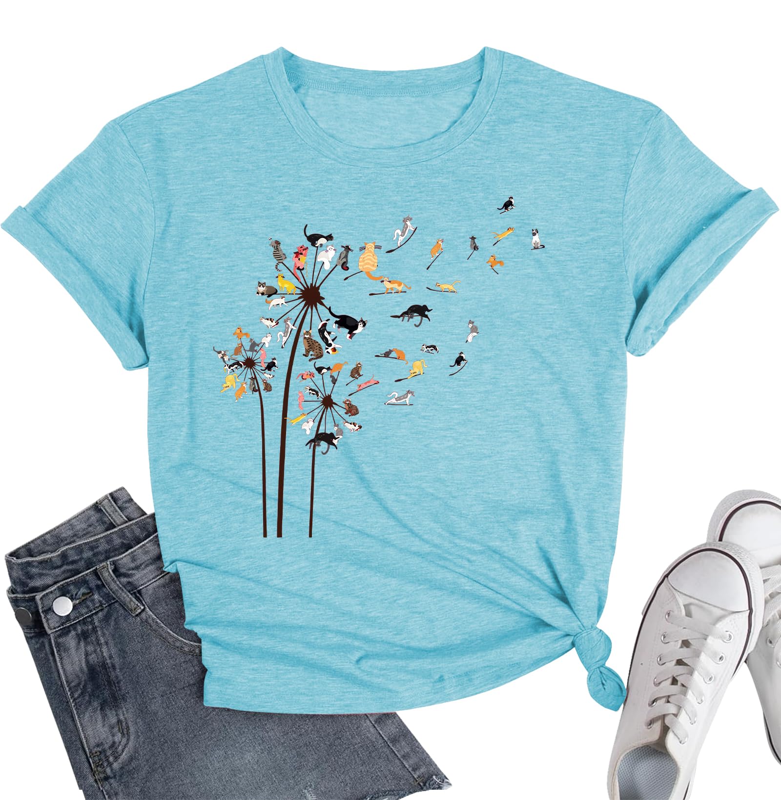 Cat Shirts for Women Flower Tee Shirts Dandelion T Shirt Vintage Floral Tee Tops Women Graphic Tees
