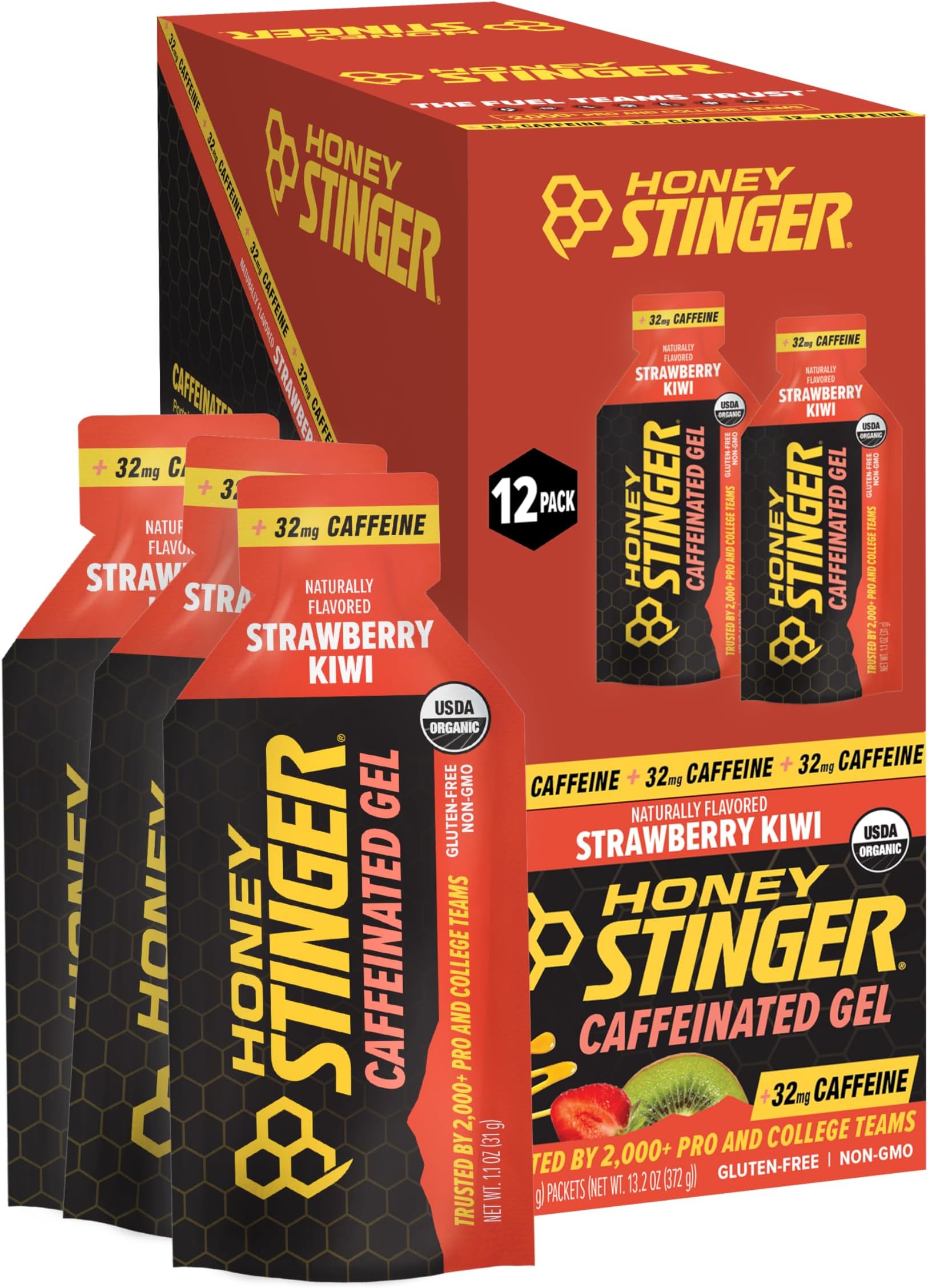 Organic Strawberry Kiwi Energy Gel, Caffeinated & Gluten Free, for Exercise, Running and Performance, Sports Nutrition for Home & Gym, Pre and Mid Workout, 12 Pack, 13.2 Ounce