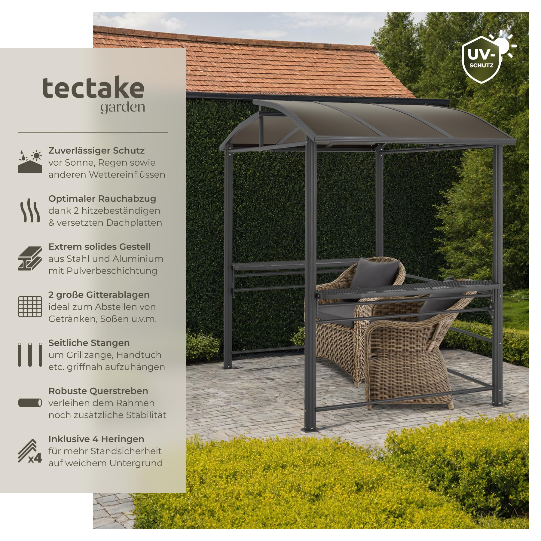 tectake® Outdoor Grillpavillon, Überdachung für Grill, Metall Pavillon für Outdoorküche auf Balkon, Garten oder Terrasse, Sichtschutz, Terrassenüberdachung, Gartenpavillon 240 x 150 x 234 - grau