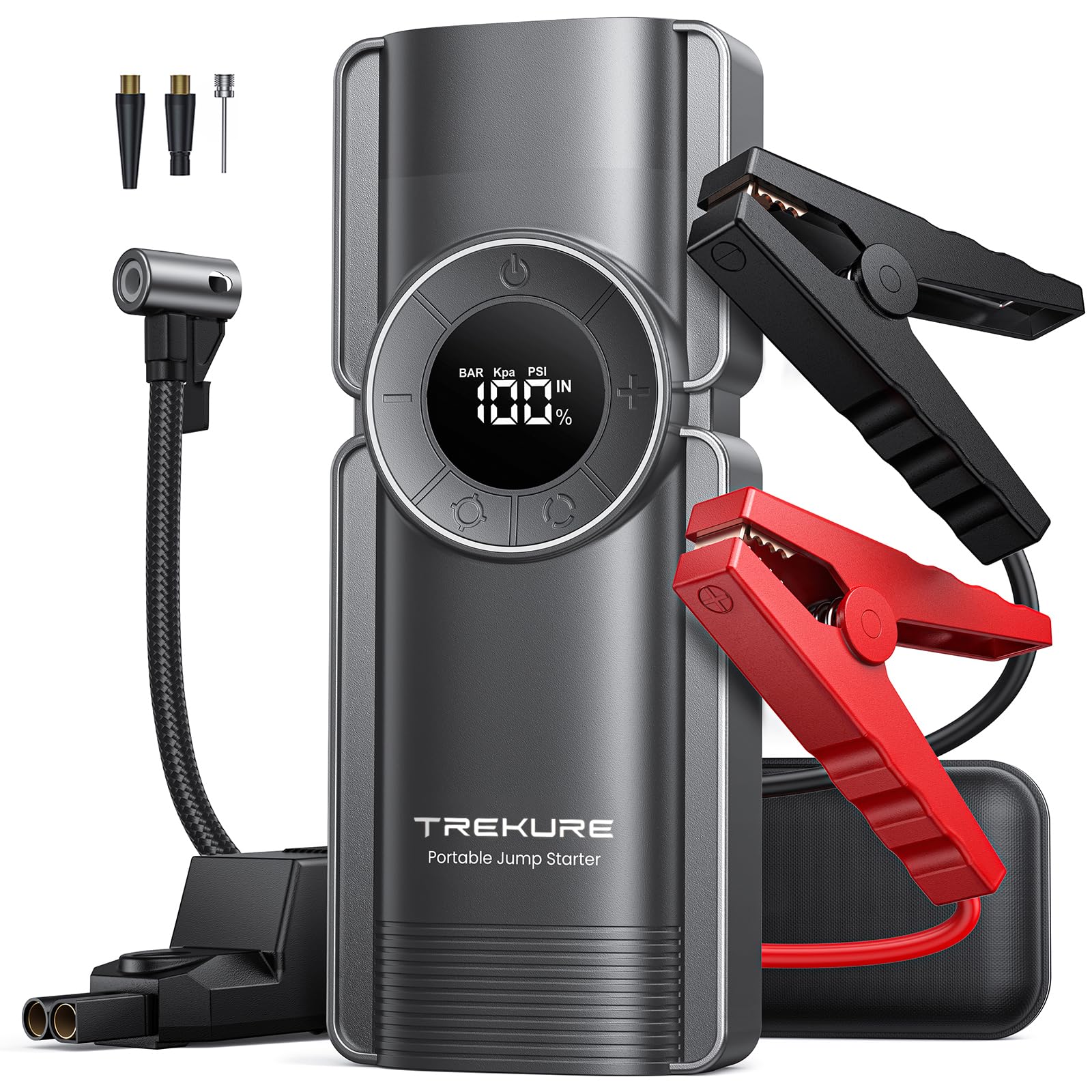 TREKURE Avviatore Emergenza per Auto con Compressore 150PSI, 3000A Starter Batteria Auto 12V per 9.0L Benzina e 8.0L Diesel Motori, Booster Avviamento Auto con Torcia, Ricarica USB