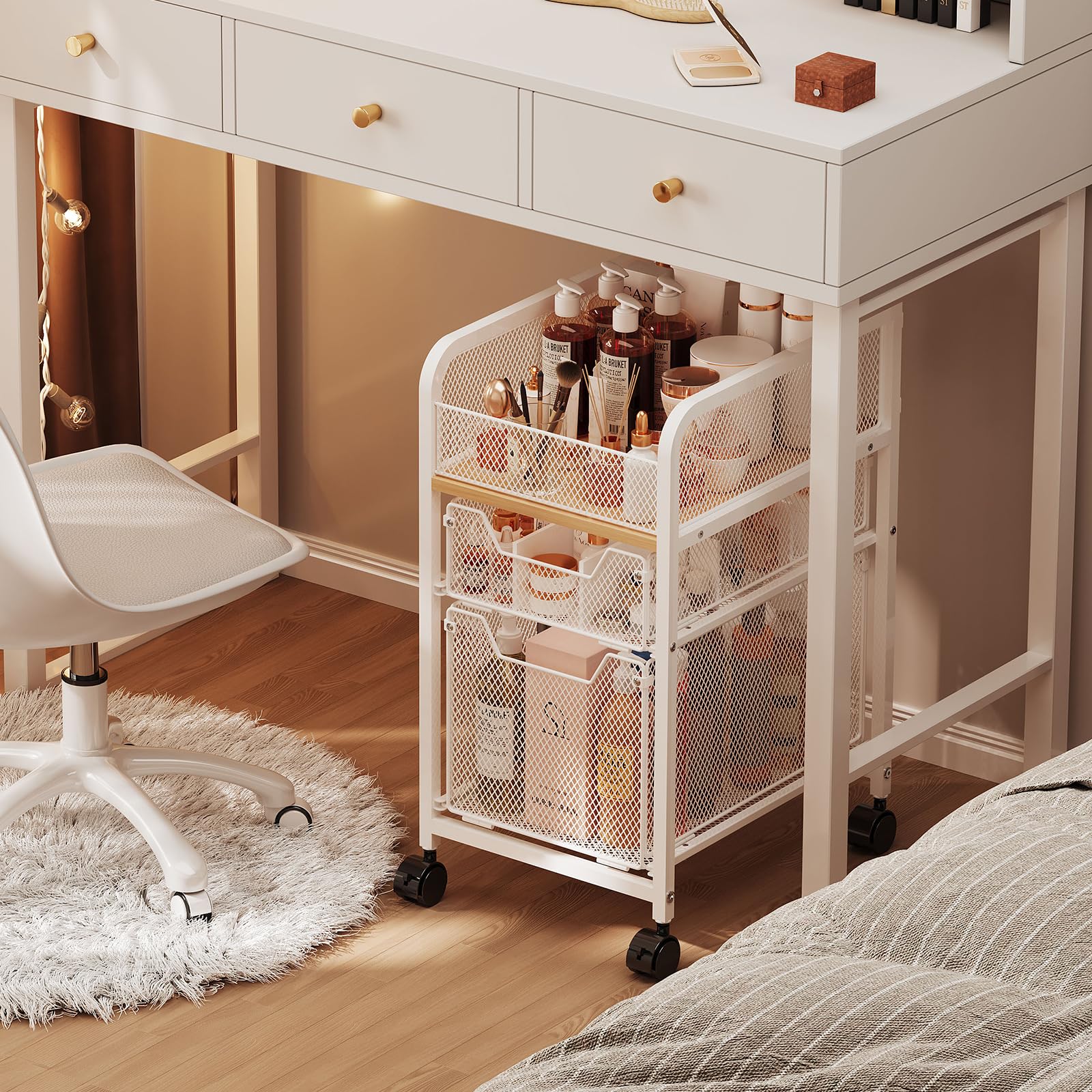 Rolling Makeup Cart Organizer with 2 Drawers, Narrow Floor Skincare Organizers, Vanity Organizer Cosmetics Display Cases Holder for Skin Care Nail Polish Perfume Makeup Brush, White