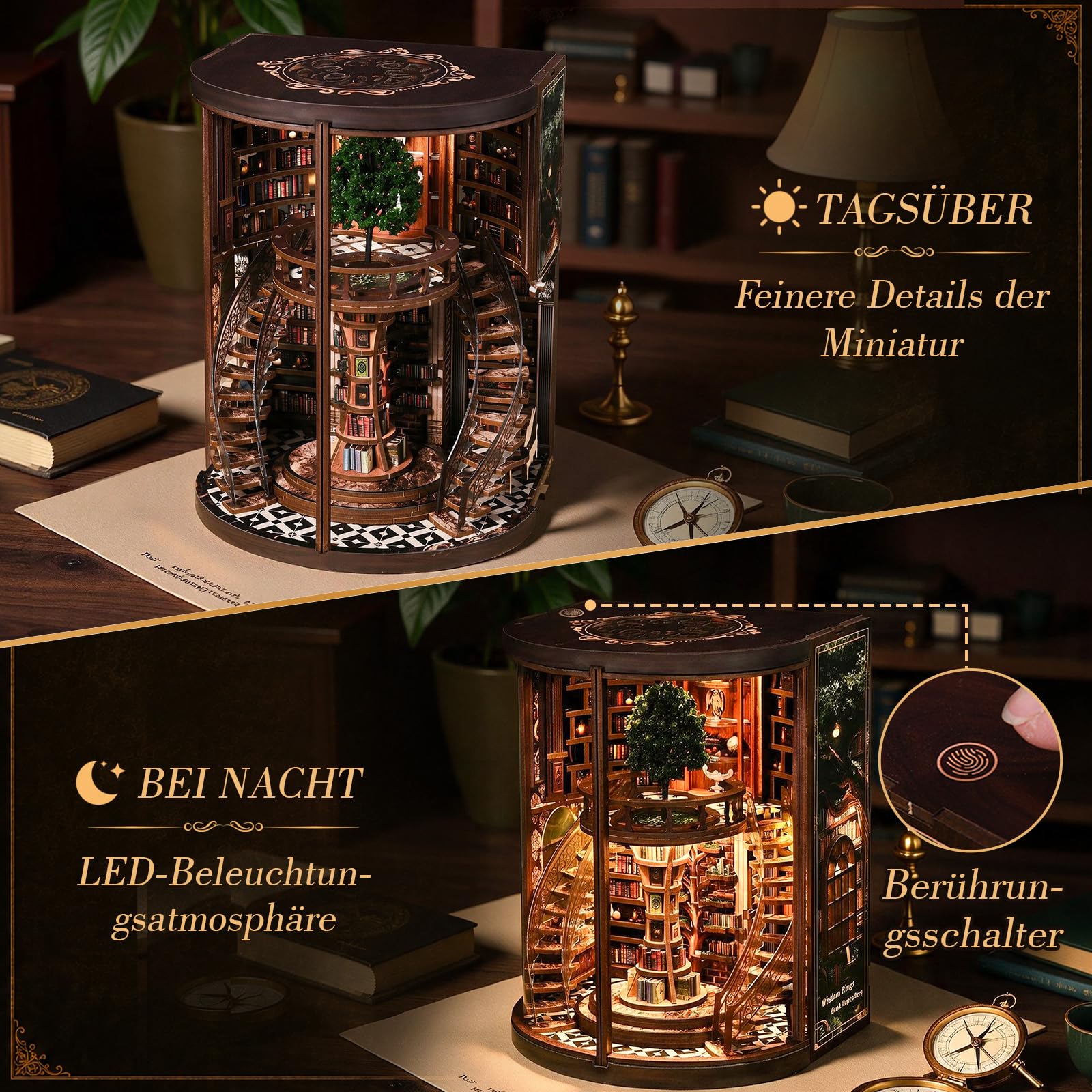 JONRRYIN Book Nook Bausatz Erwachsene, Weisheitsringe 3D Holzpuzzle mit LED-Licht, Miniatur Bausatz, Holzbausatz & Modellbausatz DIY, Kreatives Geschenk (Bibliothek)