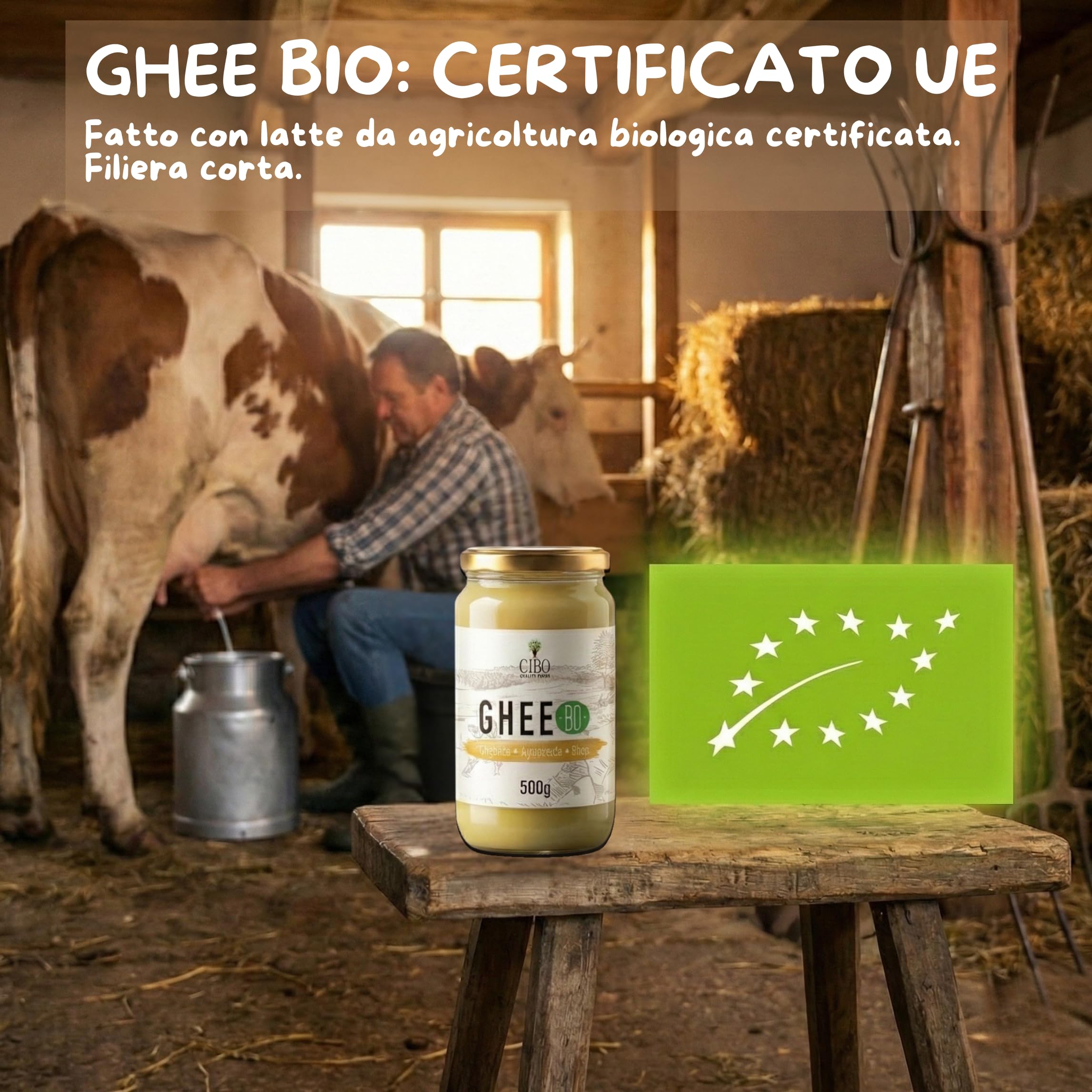 Cibo Burro Ghee Biologico 500gr - Latte di Parma e Reggio Emilia - Prodotto in Italia - Mucche al Pascolo - Punto di Fumo 250°C - Da Panna Centrifugata