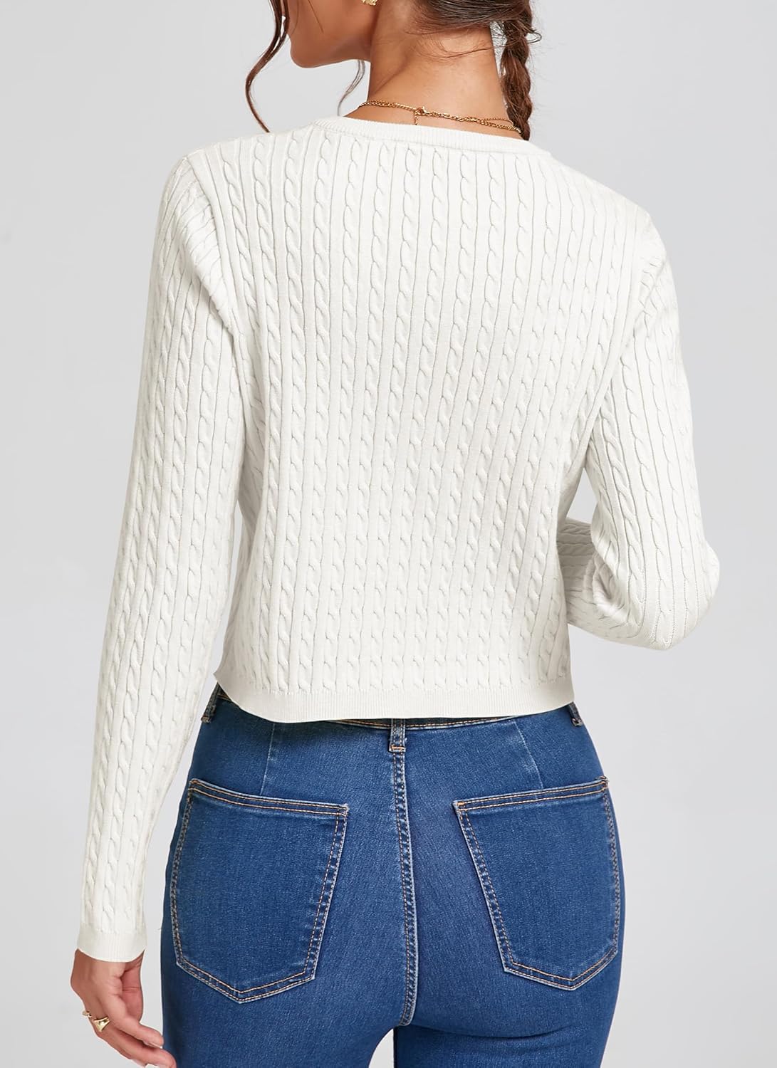 Women's Cropped Cable Knit Cardigan Short 2025 Fall Long Sleeve Lightweight Button Up Sweater - Image 6