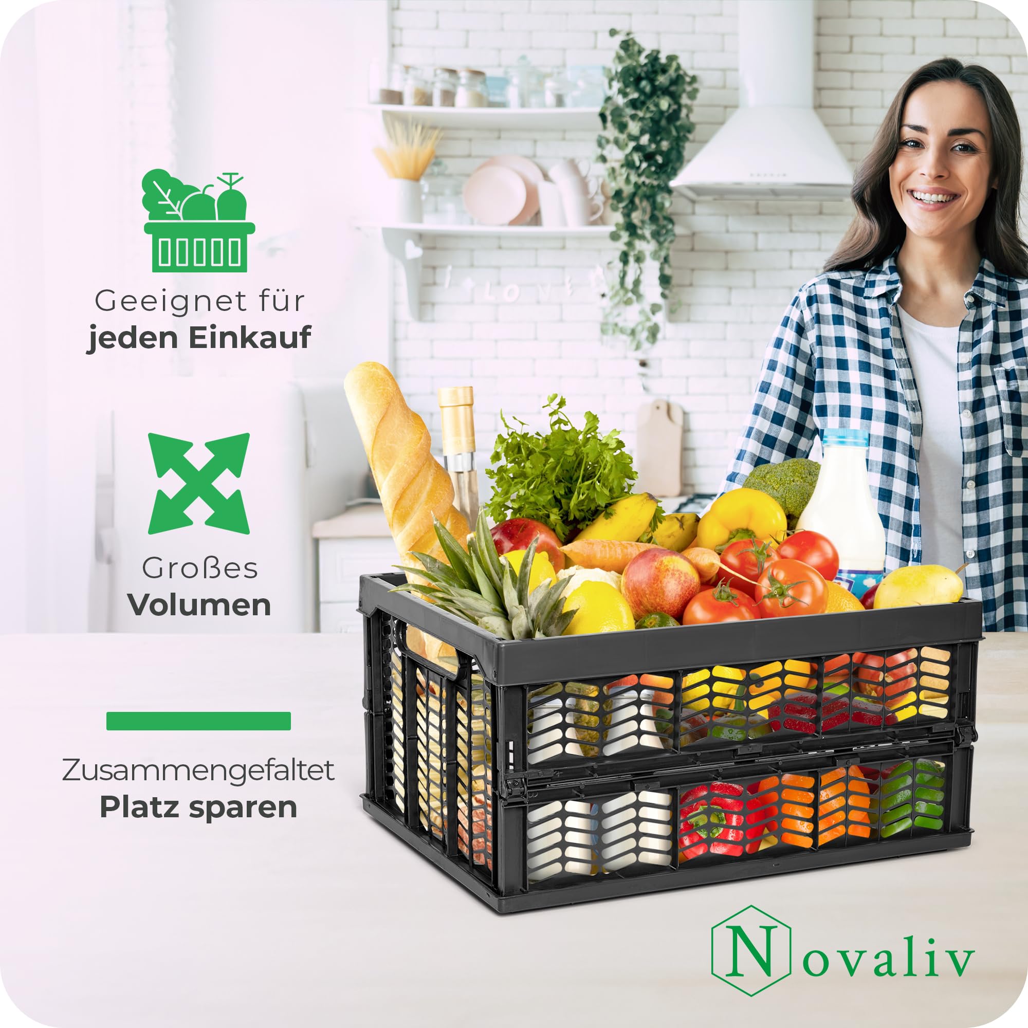 Novaliv Scatole pieghevoli stabili, 10 x 30 l, colore nero, nero, set di scatole per la spesa, cestino per la spesa