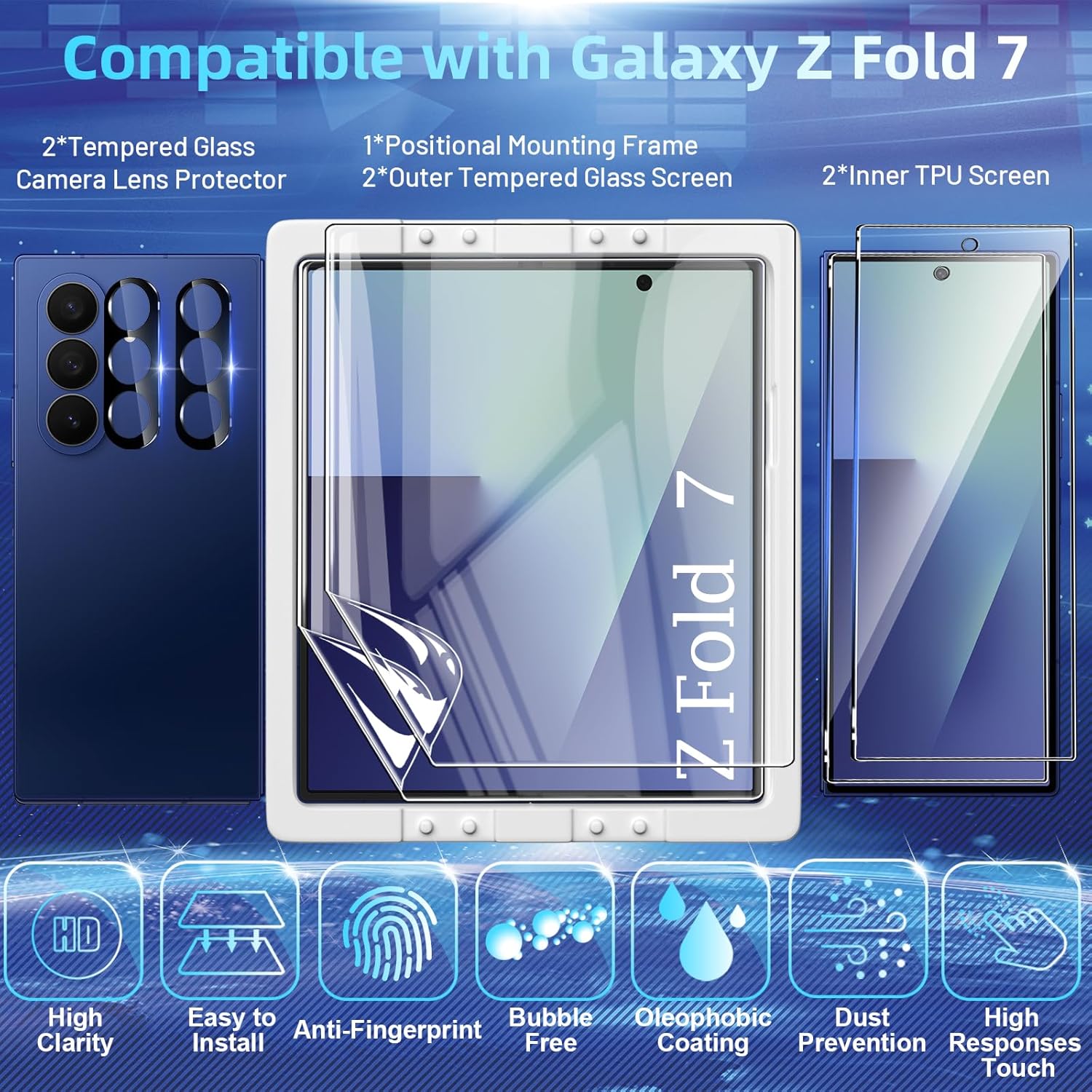 [2Set 6PCS] Screen Protector Compatible with Galaxy Z Fold 7 5G - 2 Inner TPU Film + 2 Outer Tempered Glass + 2 Camera Lens Protectors with Positional Mouting Frame, Bubble Free - Image 2