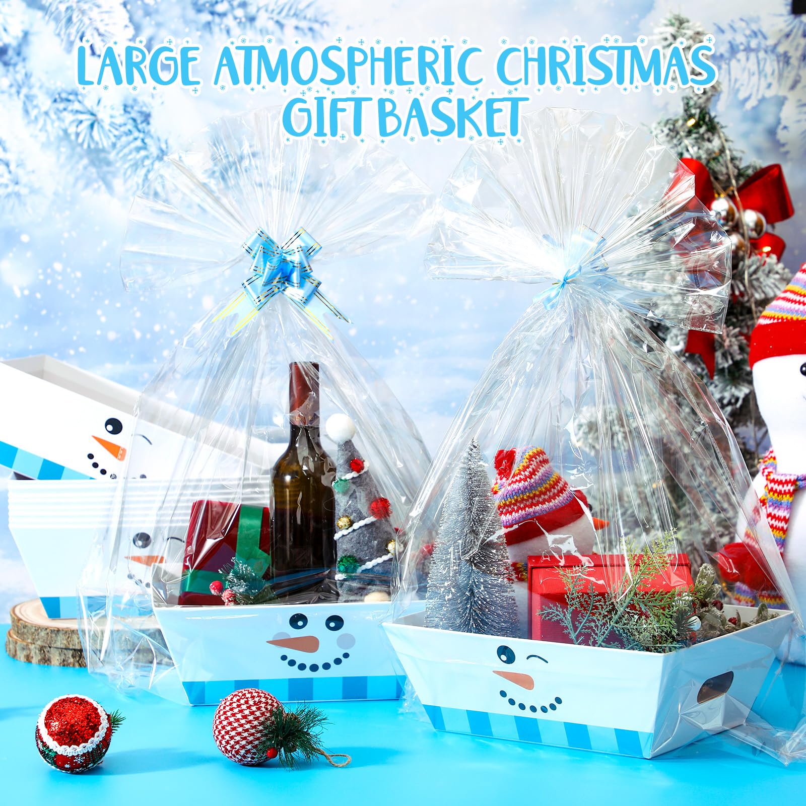 Cholemy Confezione da 12 cesti regalo vuoti natalizi da 30,5 x 25,4 x 10 cm, include 12 cestini di cartone con faccia di pupazzo di neve, 12 sacchetti di plastica e 12 fiocchi, grandi cesti regalo di
