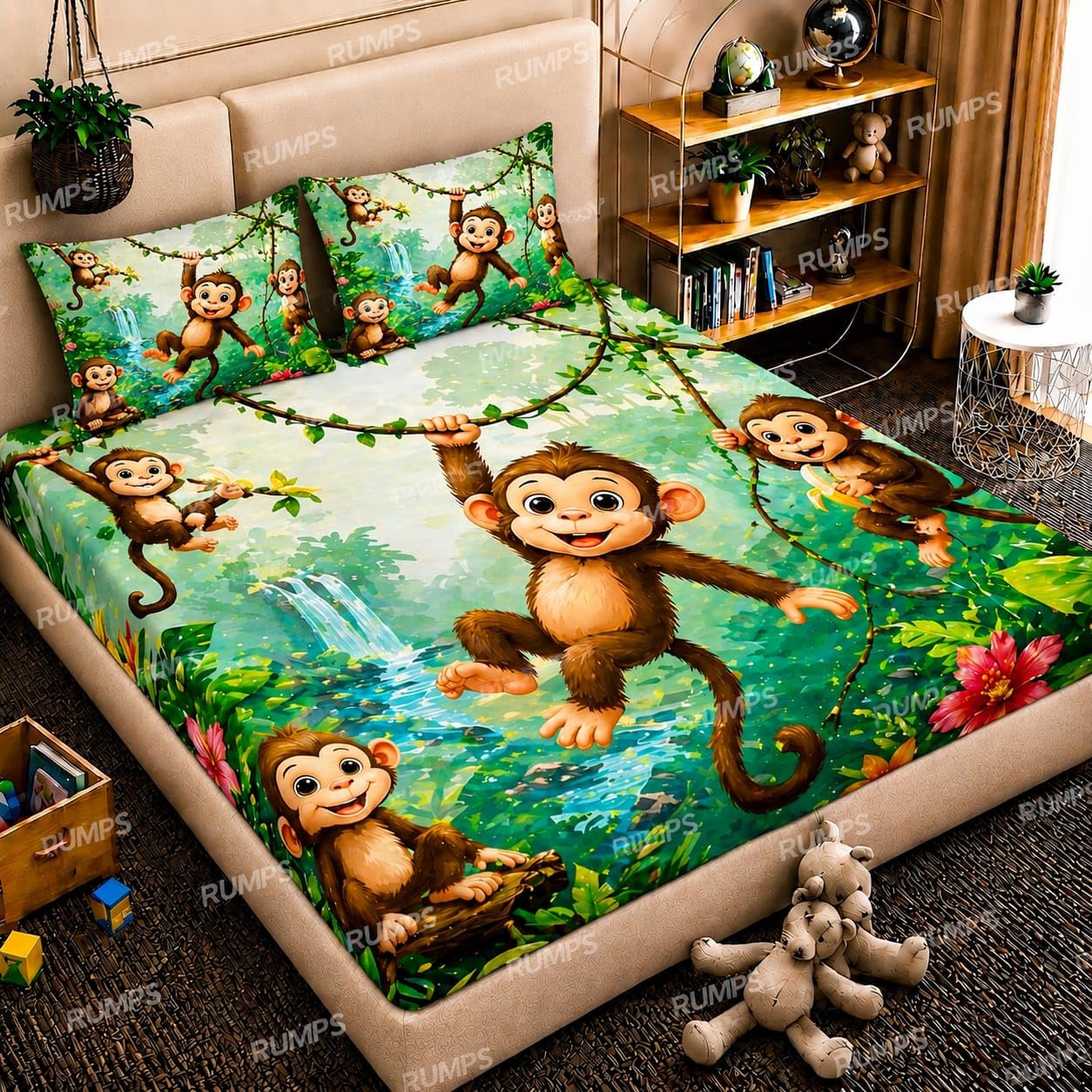 RUMPS 7D Cartoon Monkey Printed Flat Bedsheet King Size 90x100 Inch with 2 Pillow Covers 16x26 Inch | Kids Cartoon Bedsheet | Soft Microfiber Double Bedsheet