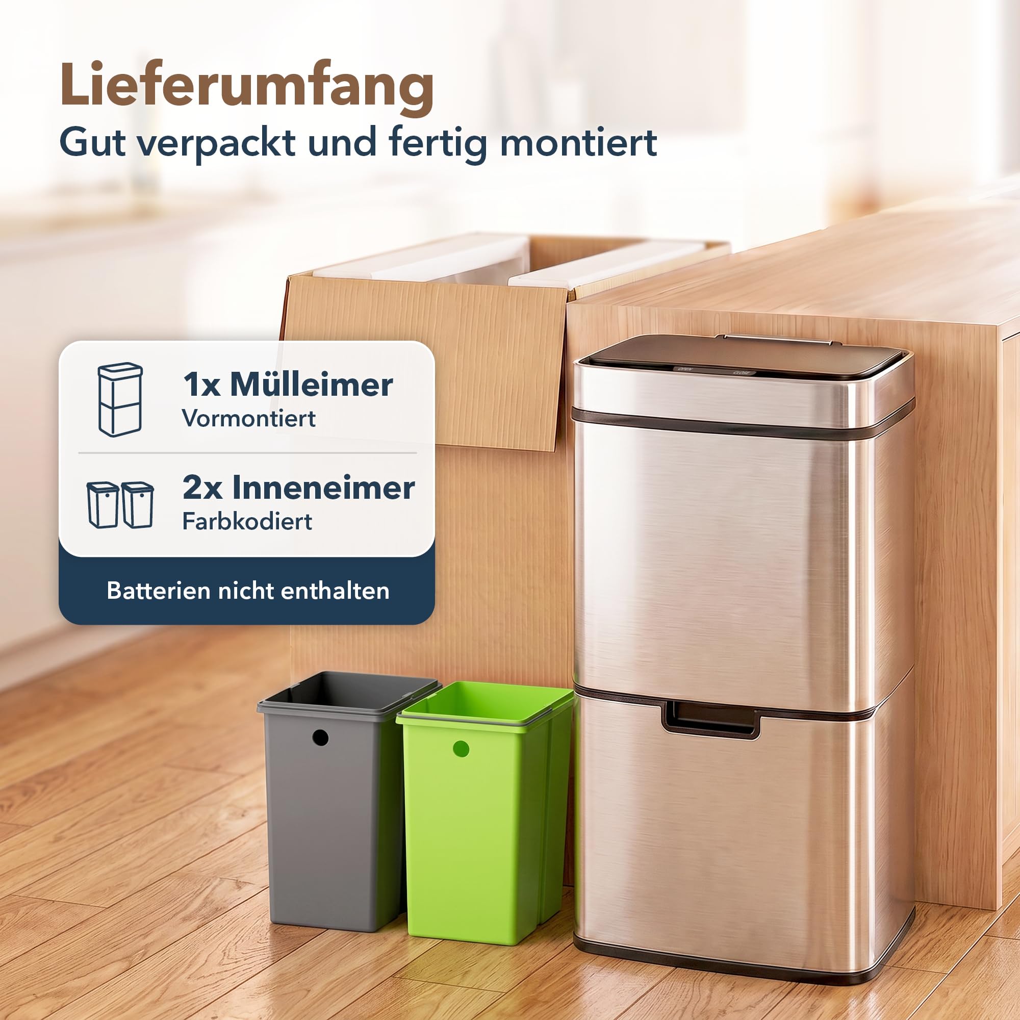 ledscom.de SORTA Sensor Mülleimer 72L, 3-Fächer Mülltrennsystem | Edelstahl, 3 Kammern: 47 L + 2×12,5 L, berührungslos, 5 Sek.-Auto-Close, herausnehmbare Inneneimer, 42 × 31,5 × 82,5 cm