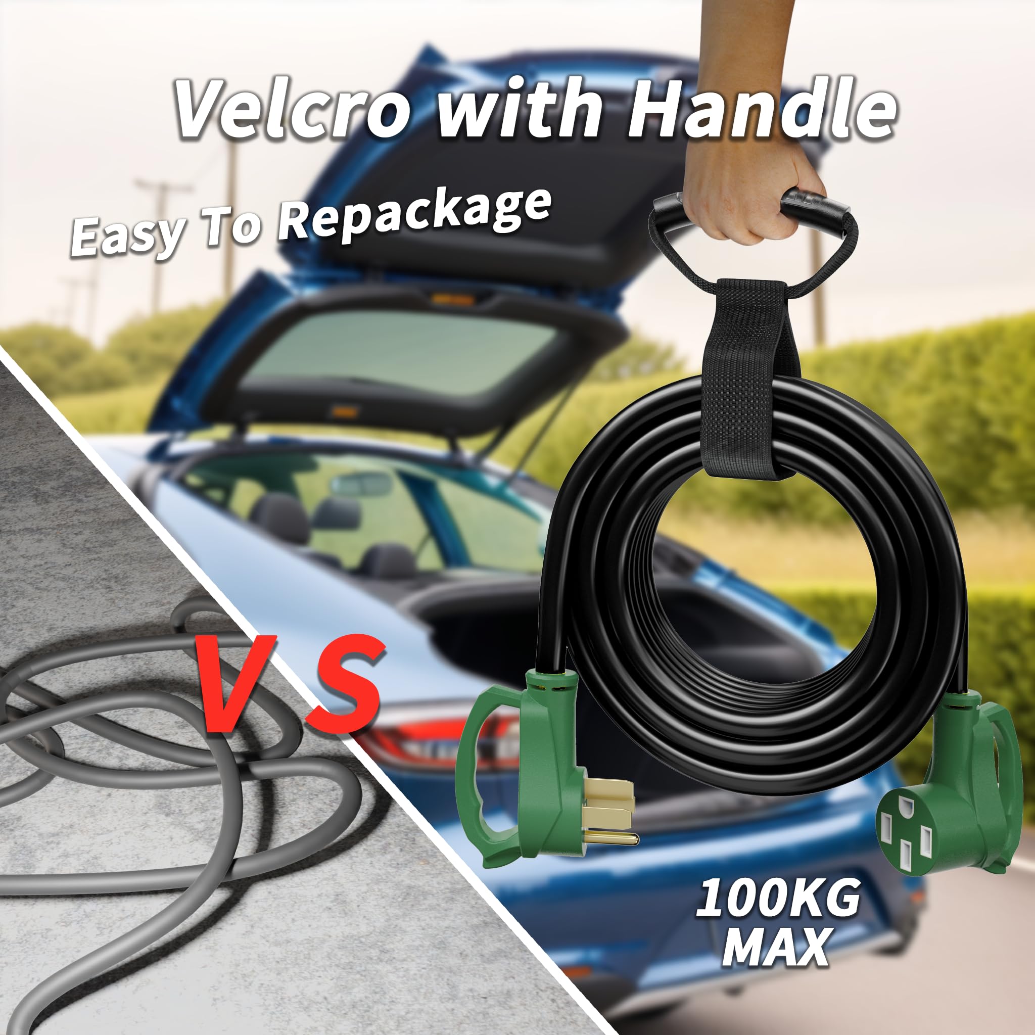 PlugSaf Cable de extensión RV/EV de 25 pies y 50 amperios para exteriores, 4 clavijas, flexible, resistente, calibre 6/3+8/1, STW RV impermeable, con organizador de cables, NEMA 14-50P a 14-50R,