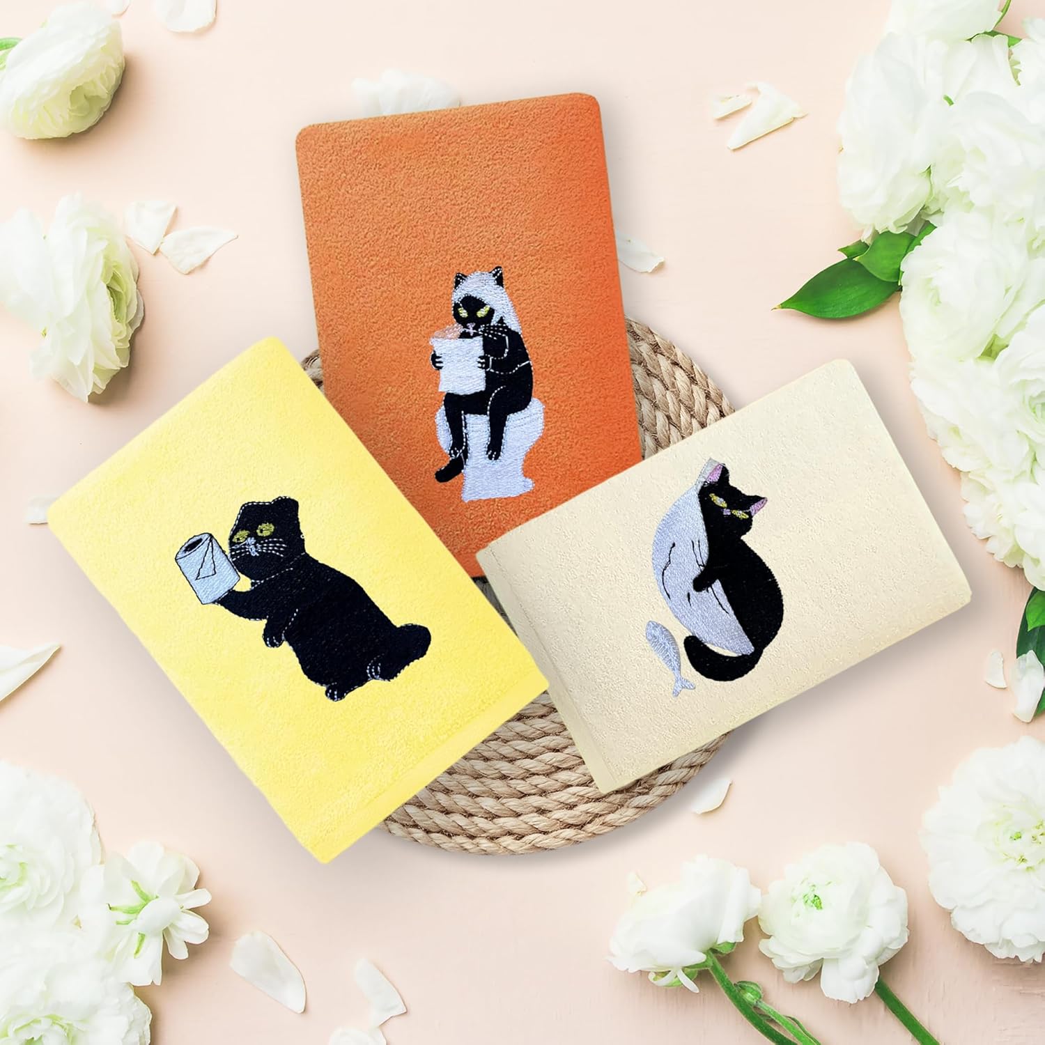 3 Pcs Black Cat Hand Towels 100% Cotton Embroidered Soft & Absorbent 14×29 Inches Multipurpose for Face/Hand/Body Drying, Bathroom Decor, for Cat Lovers - Image 2