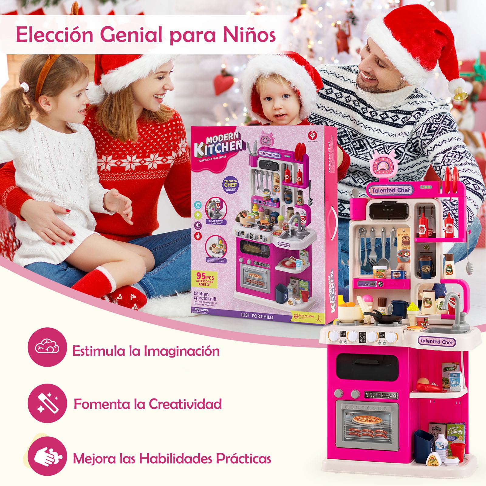 GOPLUS Cocina de Juguete para Niños, Cocinita Infantil con Fogones, Frigorífico, Microondas, Fregadero, Grifo, Vapor, Sonido y Luz, Juego de rol con 54 Accesorios para Niños de 3+ Años (Rosa)