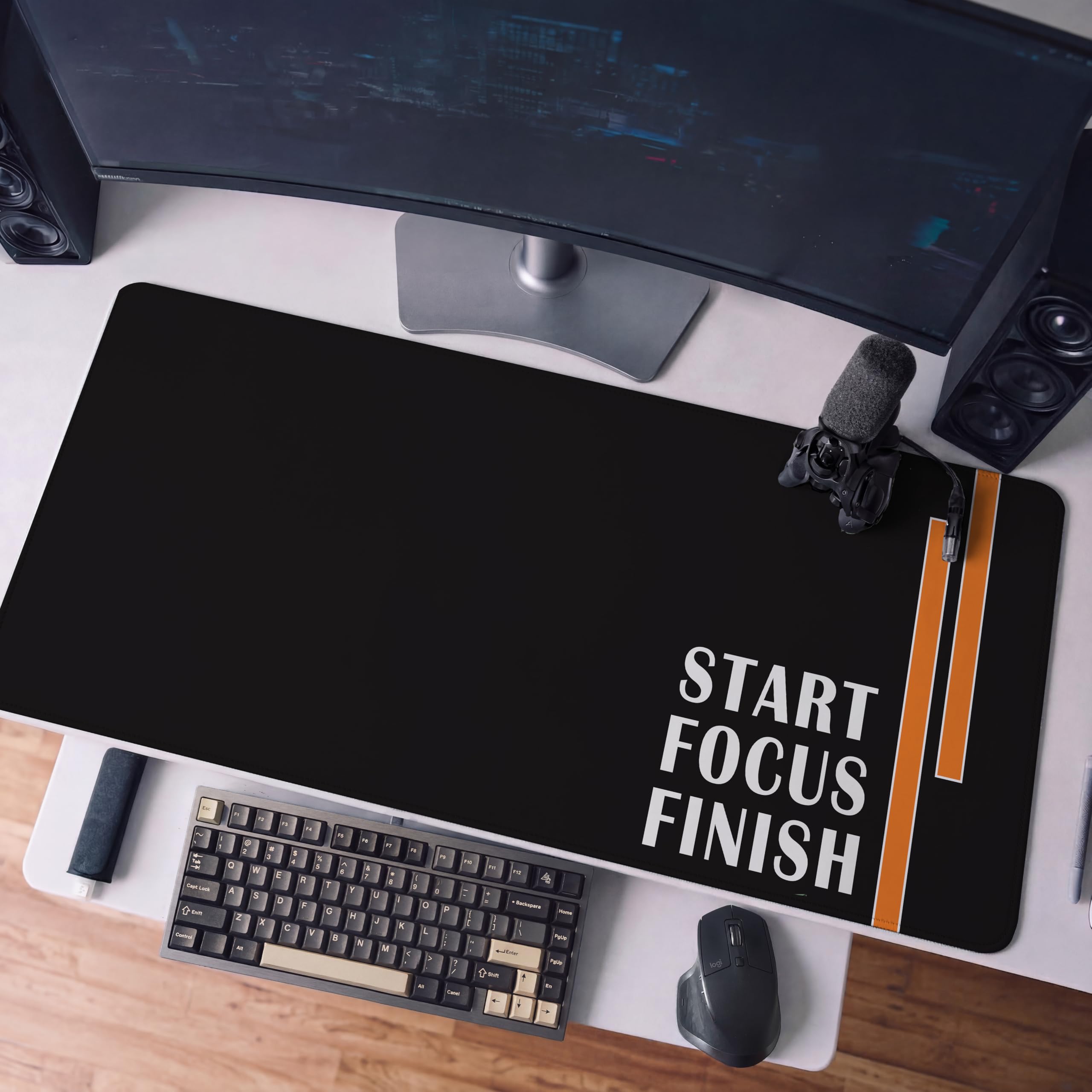 SoulAbiti Start Focus Finish Gaming Mouse Pad, 36 x 16 Inch XXXL Extended Desk Mat for Keyboard & Mouse, Black Orange Productivity Deskpad, Non-Slip Rubber Base, Stitched Edges