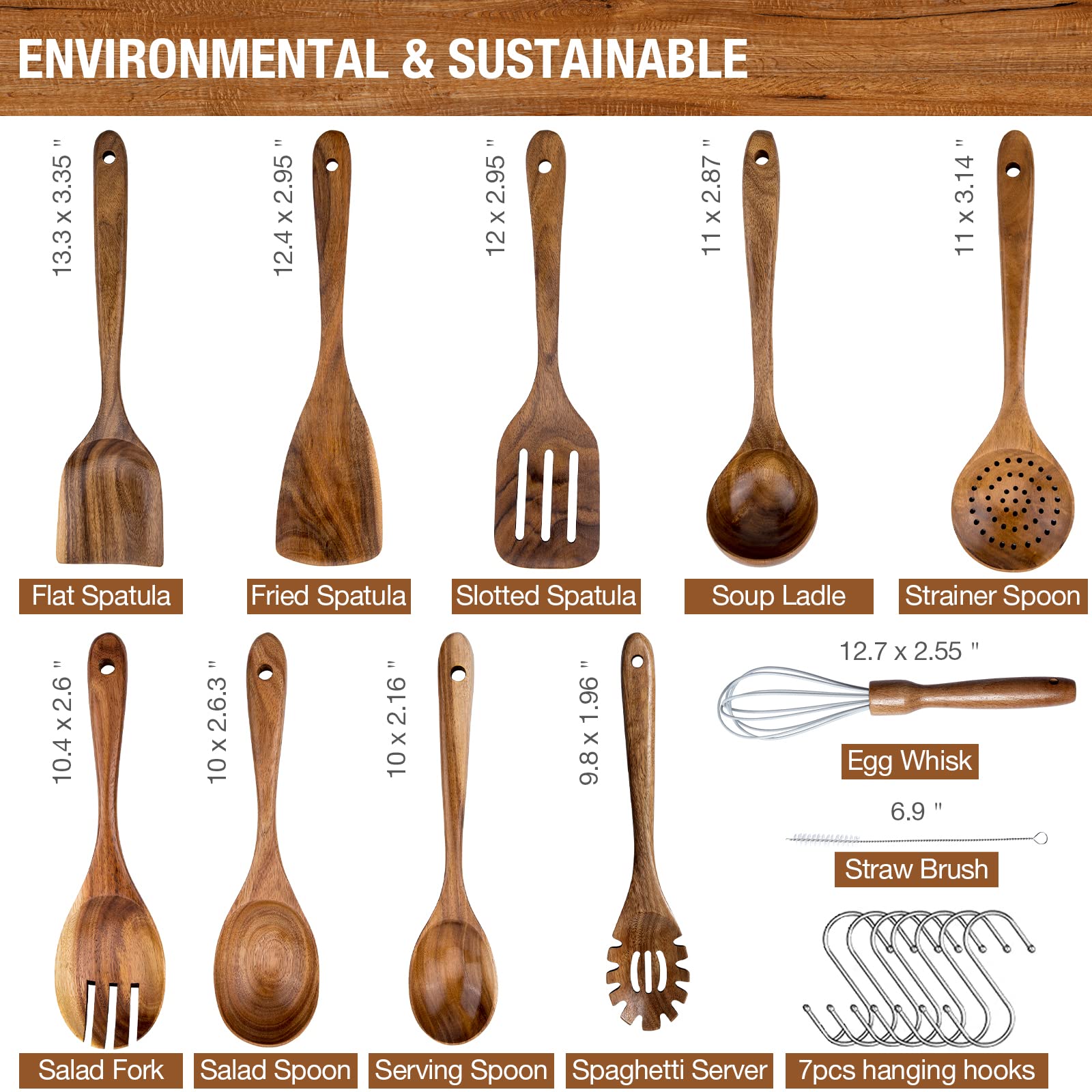 Premium Teakholzlöffel zum Kochen, 10-teiliges antihaftbeschichtetes Küchenhelfer-Set, hitzebeständige Holzlöffel, Schöpflöffel, Pfannenwender, mit 7 Edelstahl-Haken für Organisation