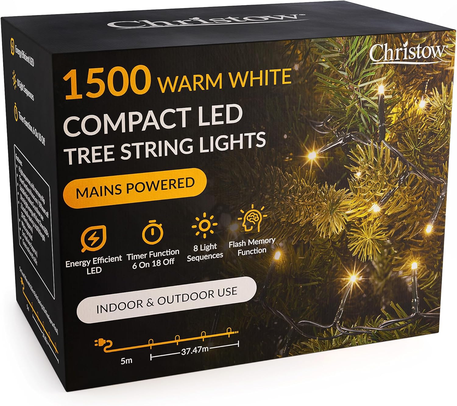 CHRISTOW 5ft Christmas Tree Lights, 500 Warm White LED Fairy Lights with Timer, 8 Light Modes, Energy Efficient 3mm LEDs, Indoor & Outdoor, Mains Powered, Green Cable (12.47m Lit Length) [Energy Class G
