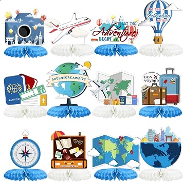Tarklanda 12PCS Travel Themed Party Decorations Travel Honeycomb Centerpieces Bon Voyage Party Decor Adventure Awaits Table Toppers for Baby Shower Retirement Birthday Party