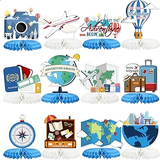 Tarklanda 12PCS Travel Themed Party Decorations Travel Honeycomb Centerpieces Bon Voyage Party Decor Adventure Awaits Table Toppers for Baby Shower Retirement Birthday Party