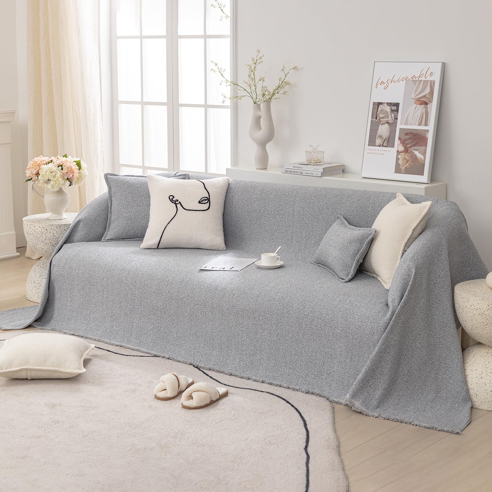 VanderHOME Fundas Sofas, Funda Sofá Moderna y Sencilla, Funda De Lino Plana Resistente Al Desgaste, Protector de Sofa, Cubre Sofas Transpirable Cuatro Estaciones 180 * 130cm-Gris Claro