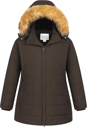 Chrisuno Womens Plus Size Winter Puffer Jacket Warm Long Winter Coats Quilted Waterproof Fleece Lined Detachable Fur Hood