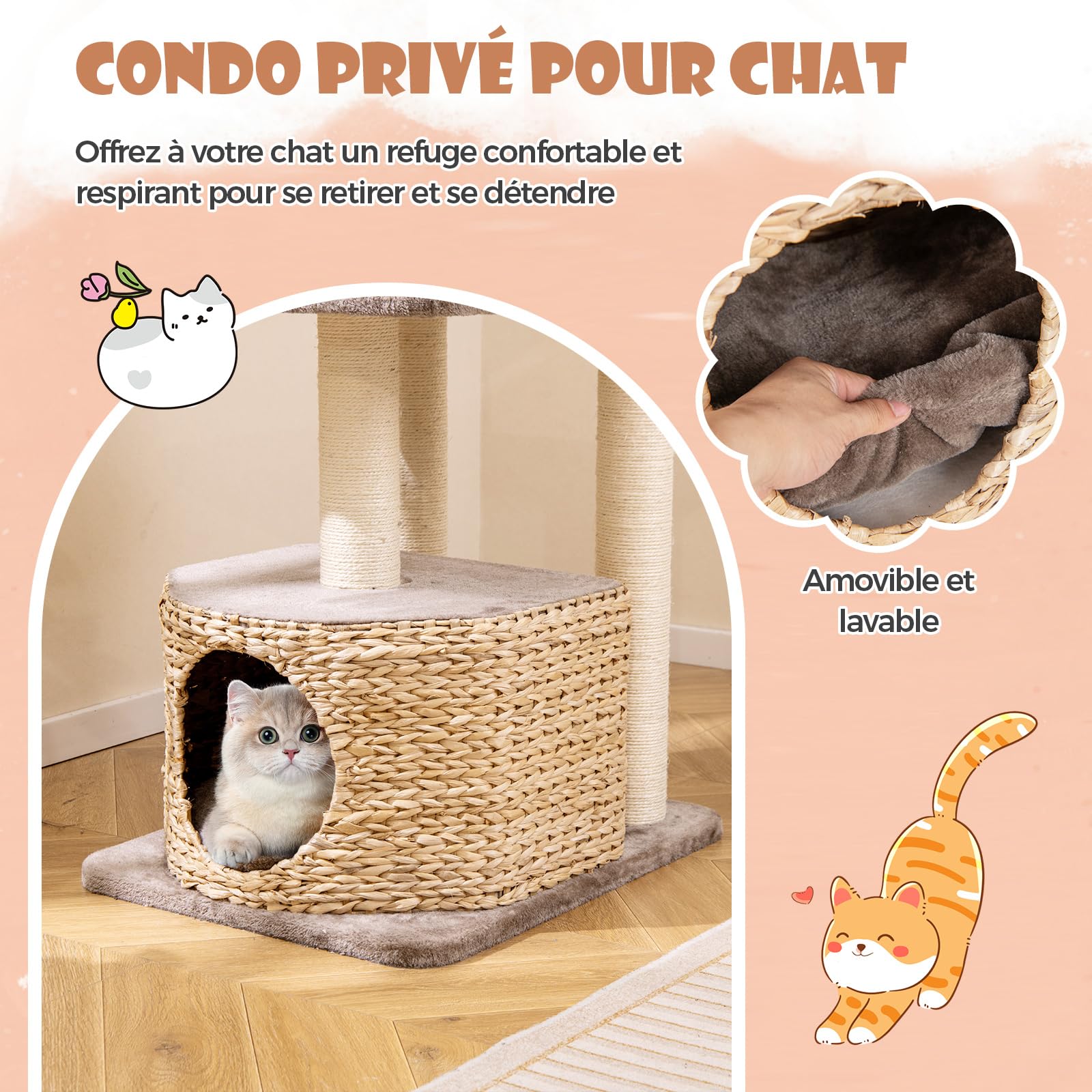 COSTWAY Arbre à Chat en Bois 131 cm Design avec 3 Griffoirs en Sisal, 3 Plateformes, Condo en Quenouille Tressée, Coussins Amovibles, Tour à 4 Étages, Café