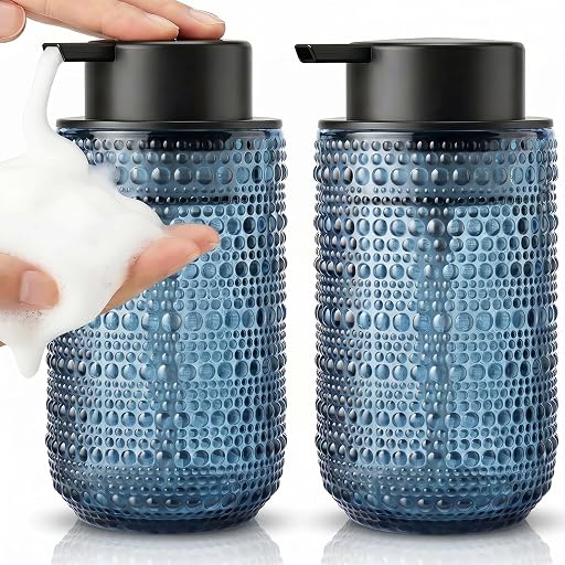 2 Pack Blue Glass Foaming Soap Dispenser, 14 OZ Vintage Hobnail Texture Foam Hand Soap Dispenser, Refillable & Reusable Foam Dispenser with Black Pump for Bathroom, Kitchen Decor, Elegant Look