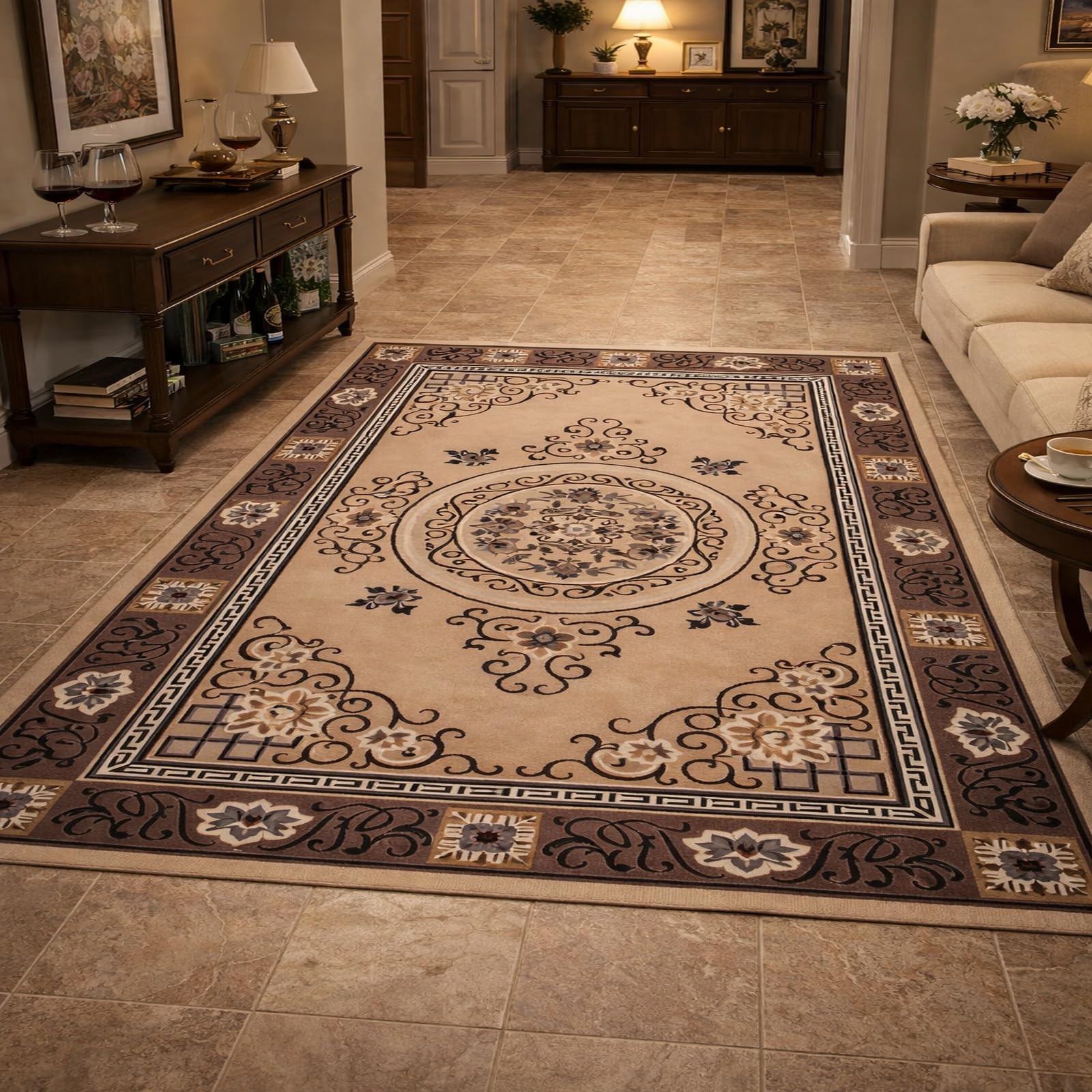 Tapis rectangle salon style géométrique beige 120x160cm