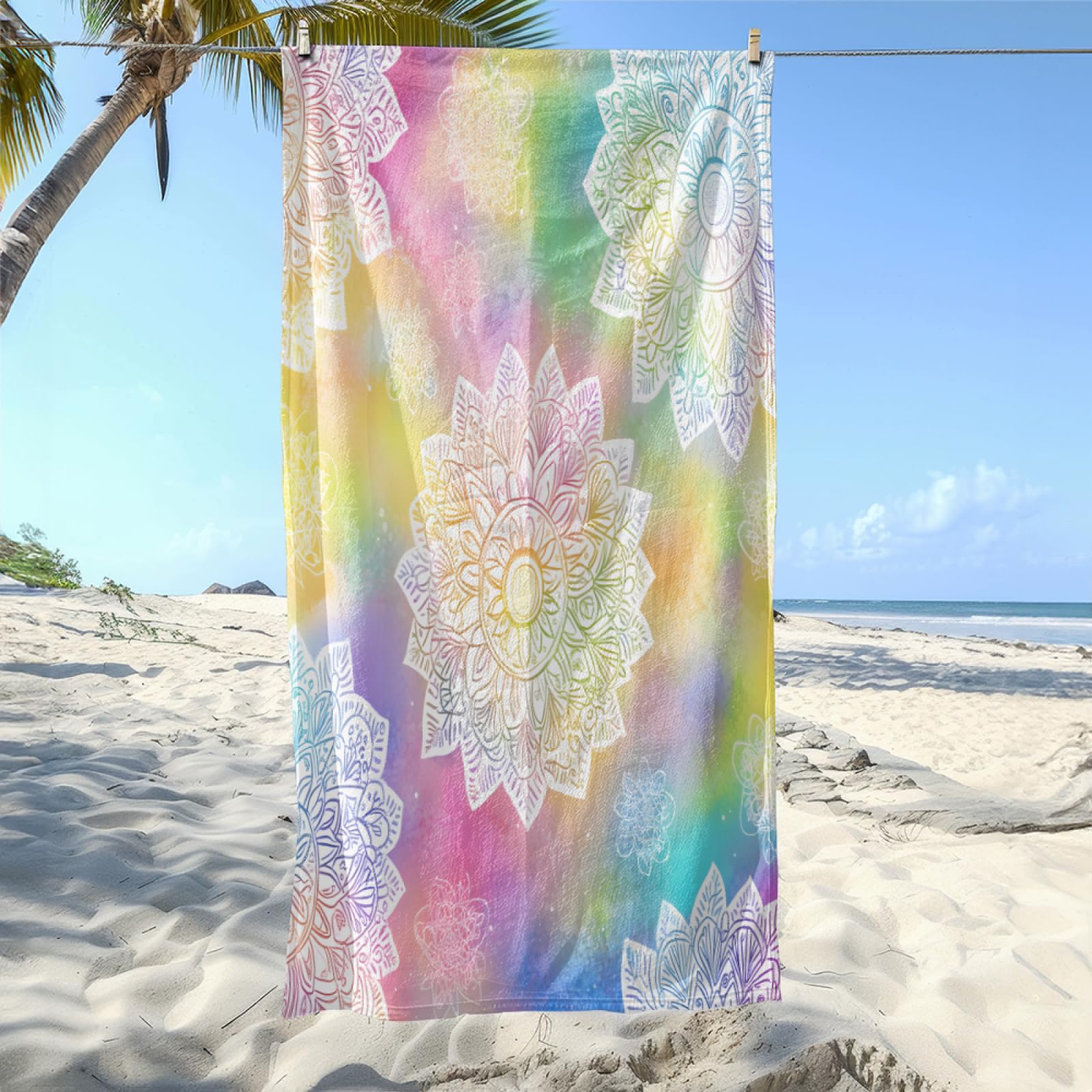 Serviette de Plage Mandala Jaune Vert Drap de Plage Anti Sable Portable Serviette de Bain XXL Piscine Toilette Sport Microfibre Ultraléger Towel Absorbant Séchage Rapide 200x220cm