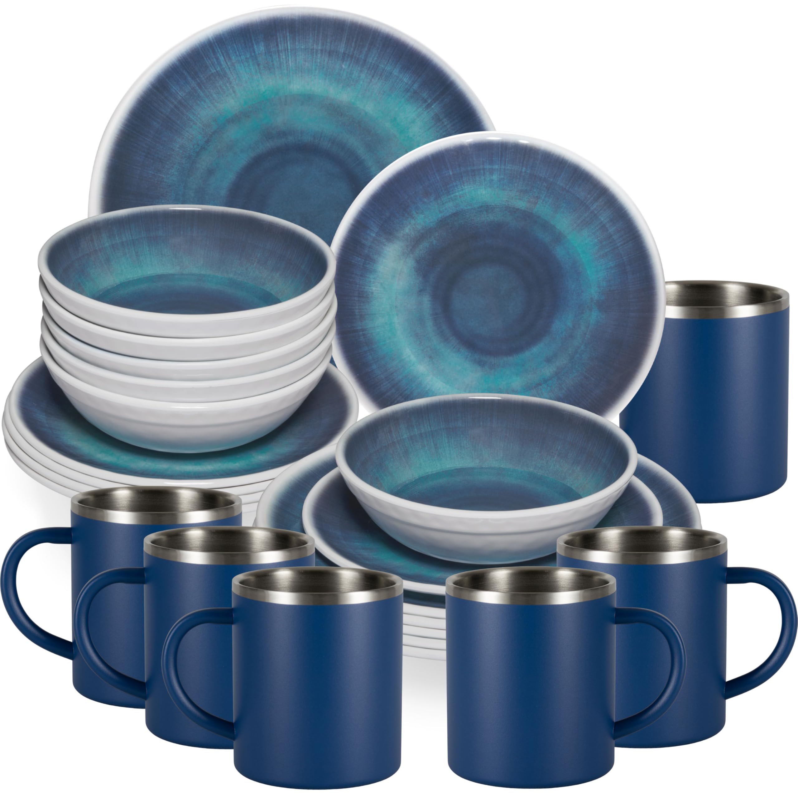 Jesolo Set de vaisselle en mélamine Bleu – Avec tasses thermiques en acier inoxydable aspect faïence Passe au lave-vaisselle Vaisselle de camping Camping Camping Festival Pique-nique
