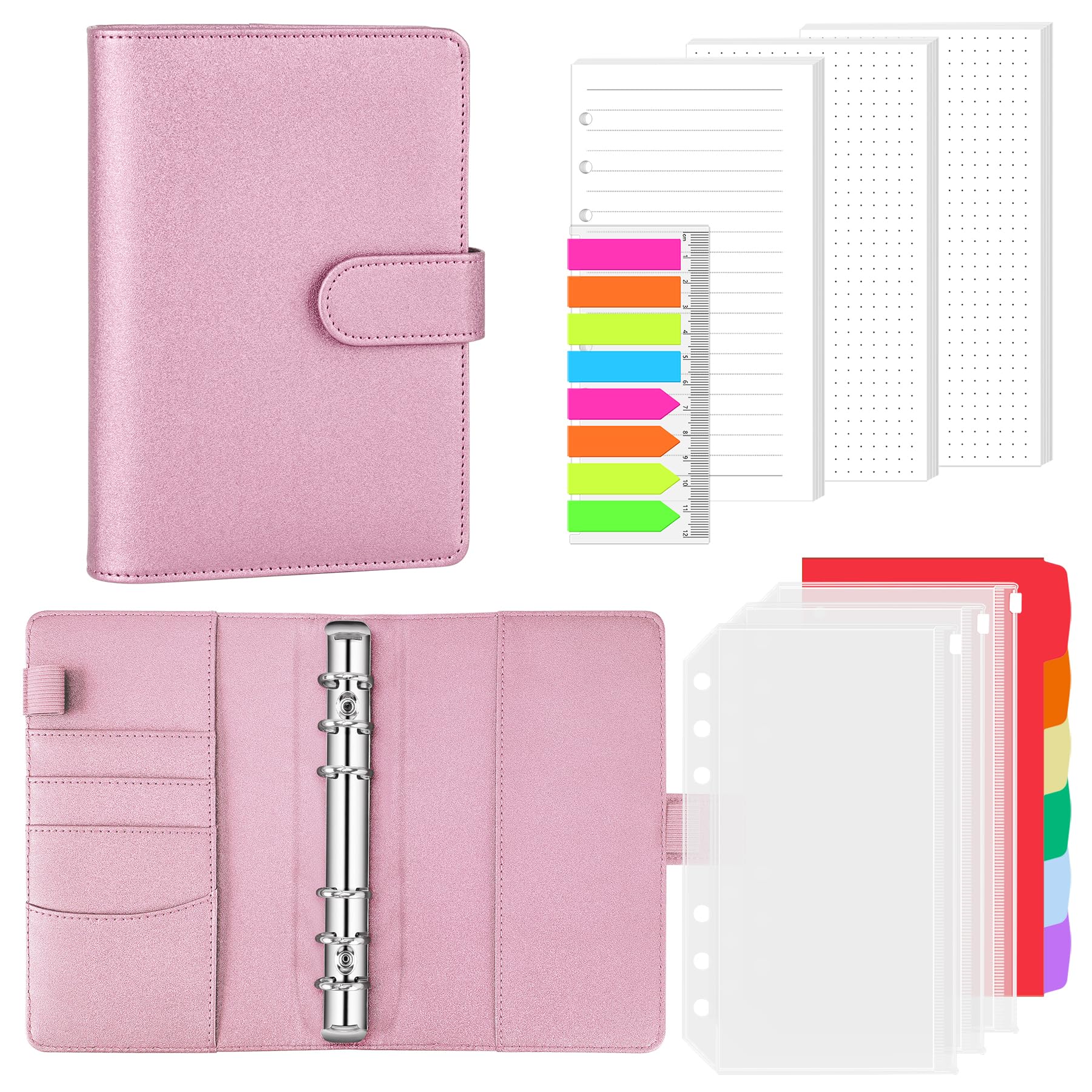 AKONEGE A6 6 Ring Binder PU Leather Refillable Notebook with 135PCS A6 Refill Papers, 3PCS Binder Pockets, 6PCS Index Dividers, Sticky Tabs, Planner Organizer for Travel Work School, Glitter Pink