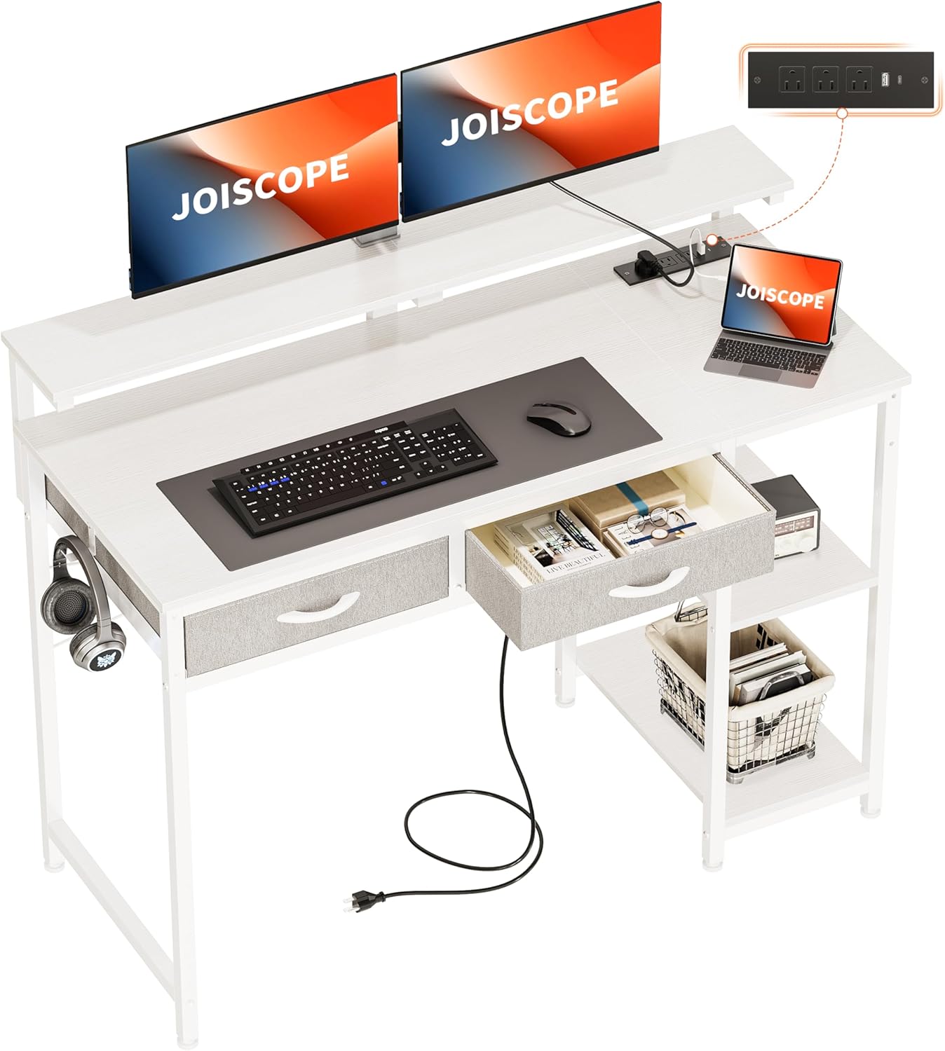 JOISCOPE Home Office Desk with Power Outlets (3AC, USB, Type-C), 48 × 20 Inch Computer Desk with 2 Drawers & Shelves, Laptop Table with Display Riser, Gaming Study Drafting Table for Bedroom, White 48 inch White
