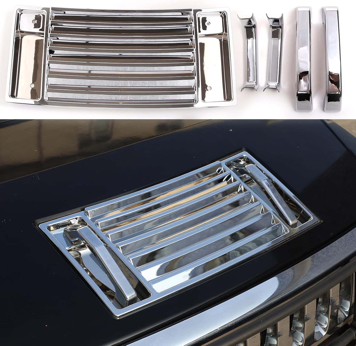 Lcojicep Hood Deck Vent Panel Covers Trim Moulding Compatible with Hummer 2003-2009 H2 Front Hood Vent Louver Cover, front hood grille trim (Hood Vent Panel & Handle Kit, Bright Light)