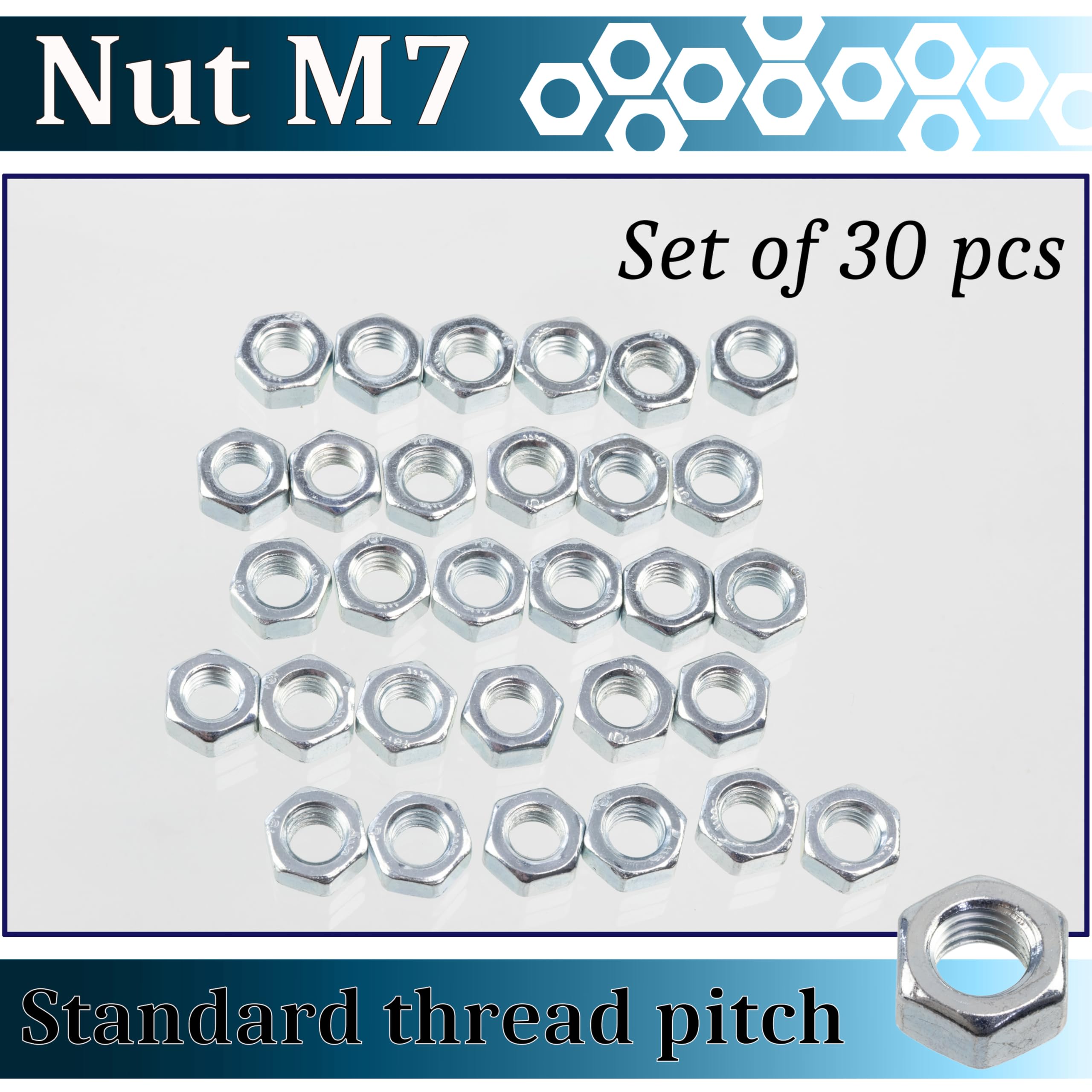 AERZETIX - Set di 30 Dadi esagonali M7x1mm a 6 lati con filettatura metrica - in acciaio zincato - colore argento - ideali per progetti fai da te elettronica e meccanica