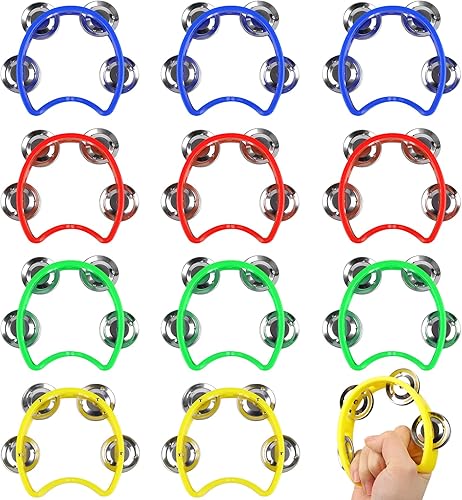 Paquete de 12 campanas de pandereta de percusión de plástico, mini panderetas de percusión a granel, tambor de percusión de mano, instrumento de
