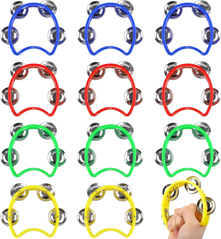 Paquete de 12 panderetas de mano para niños, mini panderetas de percusión con 4 cascabeles, tambor de percusión de mano instrumento de ritmo musical para práctica, actuación, fiesta, iglesia, escuela (4 colores)