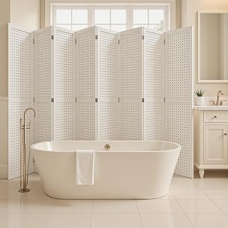 Osparple Room Divider 8 Panel 5.6FT Partition Room Dividers Freestanding Wooden Privacy Screen with Peg Board Display for Apartment and Office, White