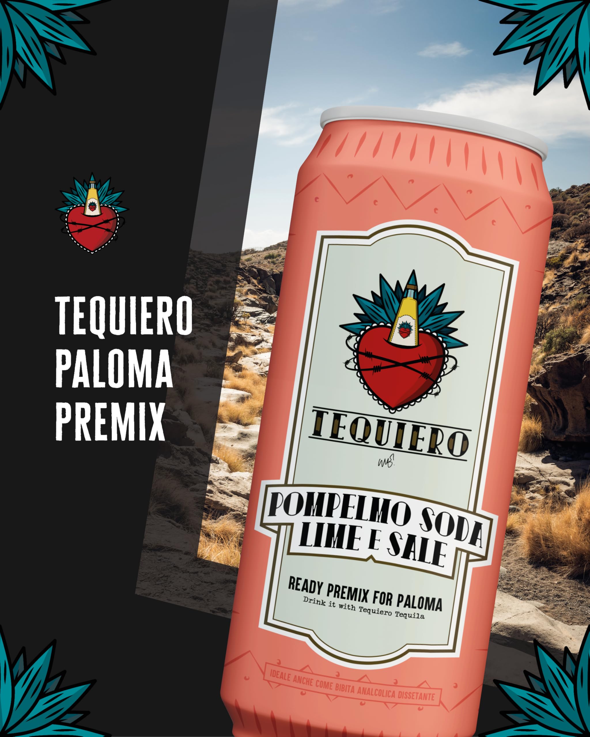 Tequiero Soda Pompelmo, Lime e Sale. Tequiero Paloma Premix. Bevanda agrumata con pompelmo rosa. Analcolico. Note fresche e floreali. Lattina da 250ml - Pack da 24 lattine.