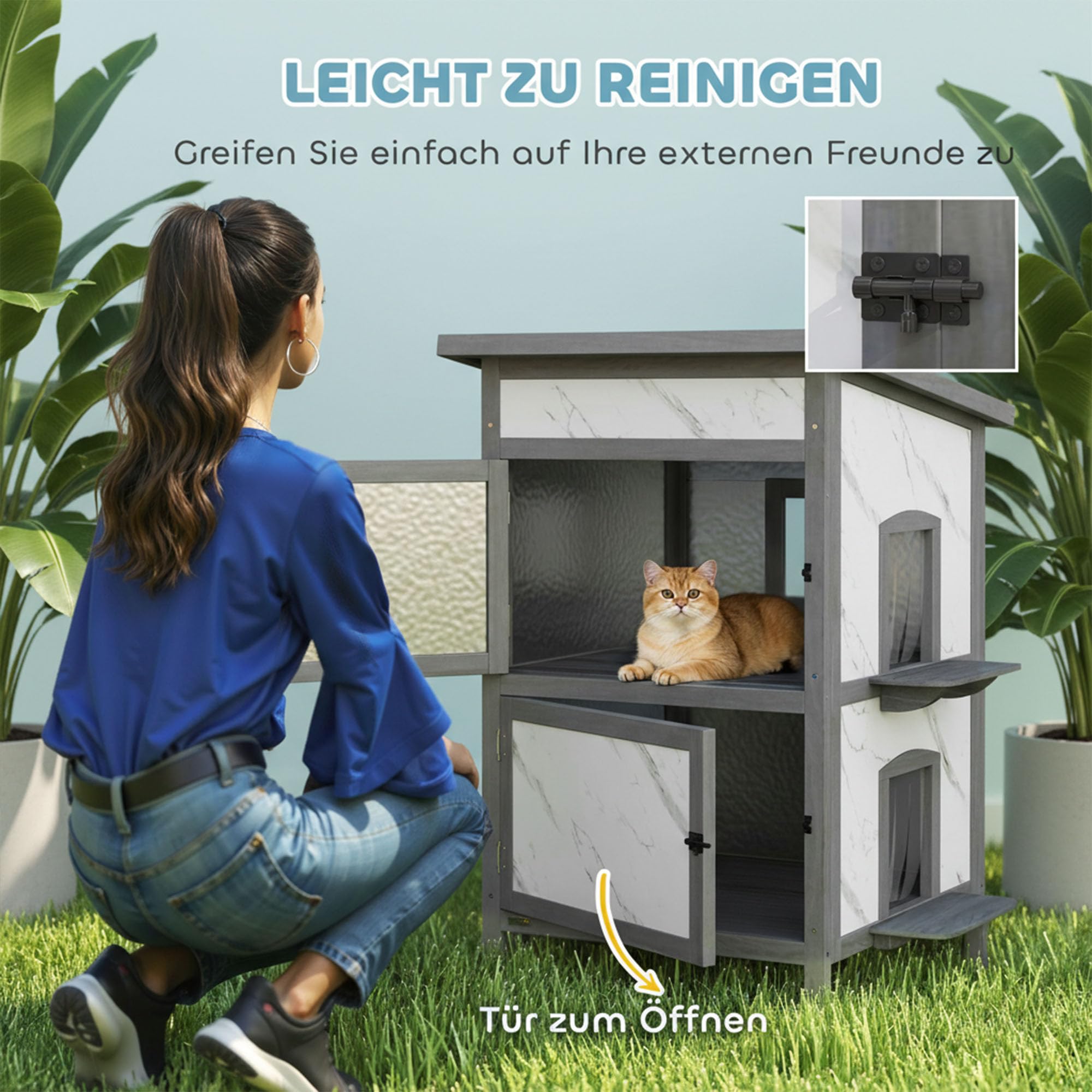 PawHut Katzenhaus aus Holz 2-stöckig Outdoor mit Fenster 60x60x88 cm Weiß | Mehreren Türen, Isolierte Katzenhütte, Wasserabweisendes Dach, Katzenhöhle Katzenbox für Draußen