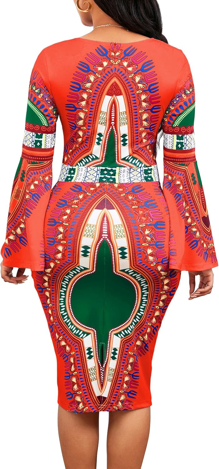 Women Sexy Dresses Bodycon Church 3/4 Sleeve African Print Pencil Party Office Dress Work with Split - Image 2