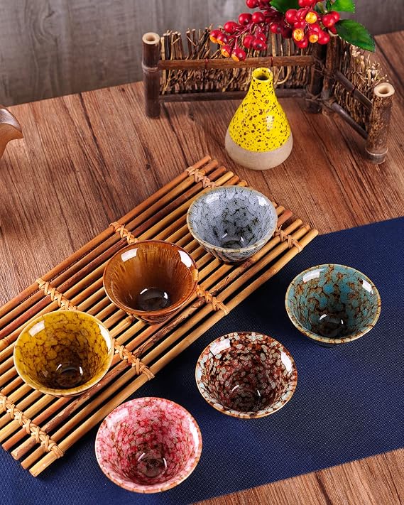 WHJY Ceramic, Japanese Sake Cups, Traditional Chinese Kung Fu Tea cups set Kiln Change Glazed. set of 6, 60ml/2oz