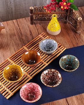 WHJY Ceramic, Japanese Sake Cups, Traditional Chinese Kung Fu Tea cups set Kiln Change Glazed. set of 6, 60ml/2oz