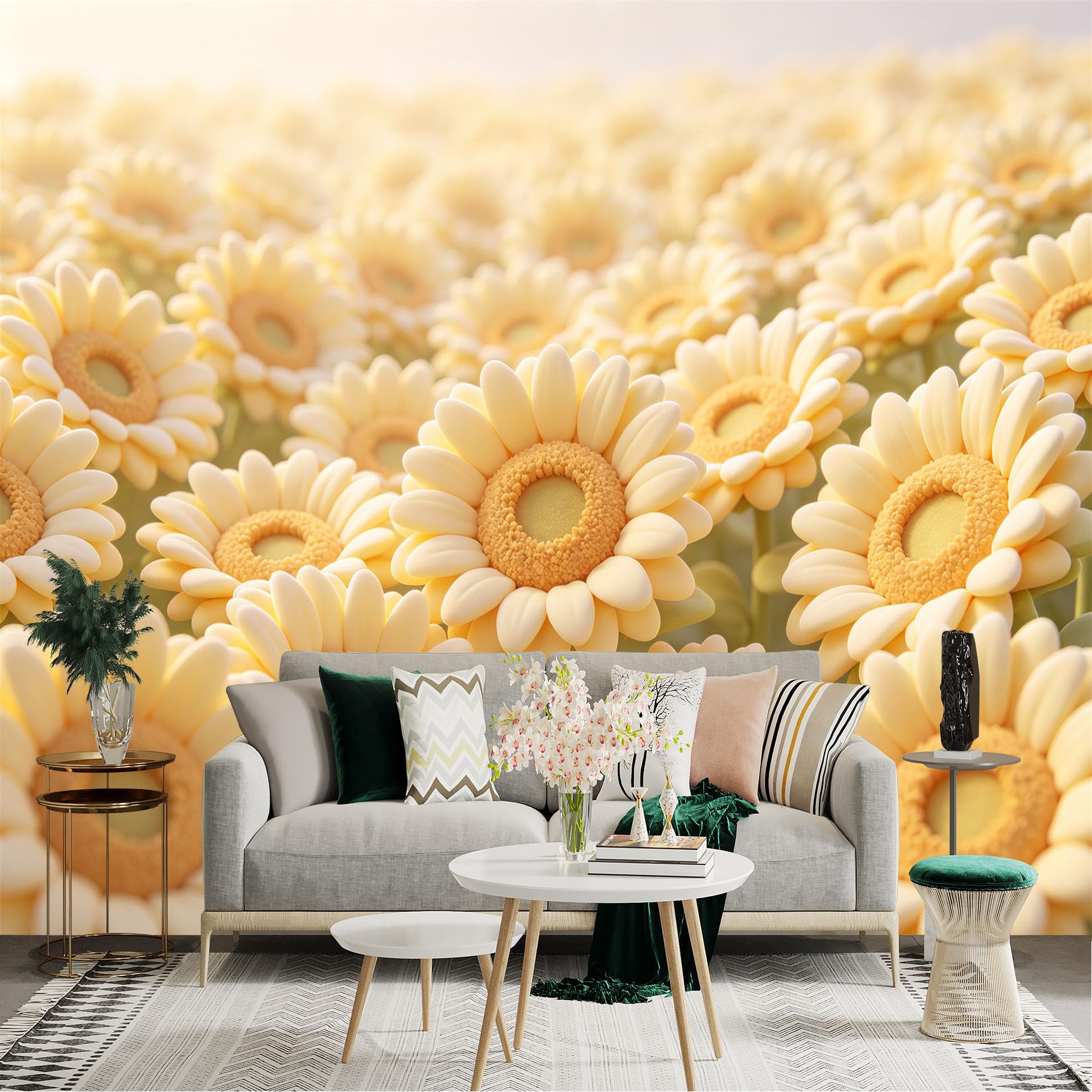 Lnzczhyre Dbh260521632 Custom Size Wall Sticker Mural， Soft Creamy Sunflowers， Aesthetic Floral Field， Warm Blooming Flowers， For Wall Decoration， Peelandstick Wall Decals.