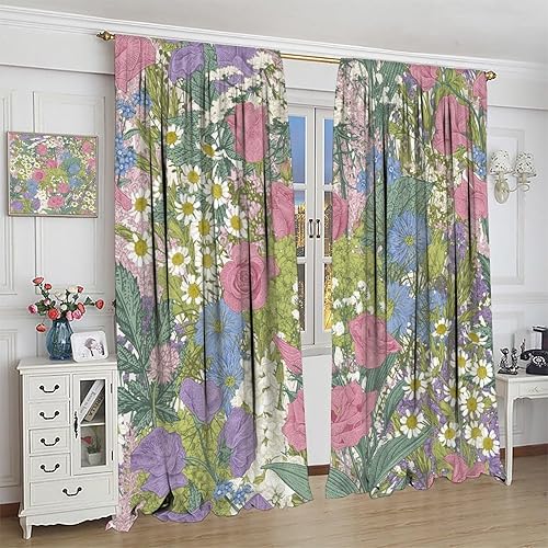 Miniatura 228 de Retro 70s Floral Blackout Window Curtains, Watercolor Flower Plant Rustic Modern Style Pattern Window Drapes, for Bedroom Living Room 42x45in 2