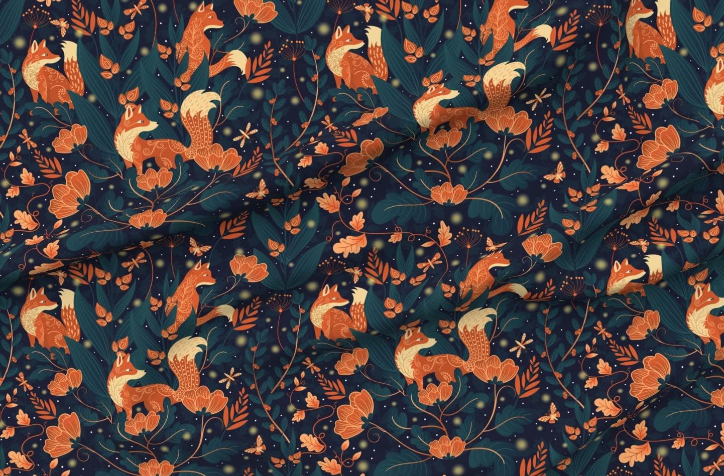Spoonflower Fabric - Whimsical Garden Orange Foxes Midnight Blue Firefly Fantasy Printed on Organic Cotton Sateen Fabric by The Yard - Sewing Quilting Apparel Home Decor