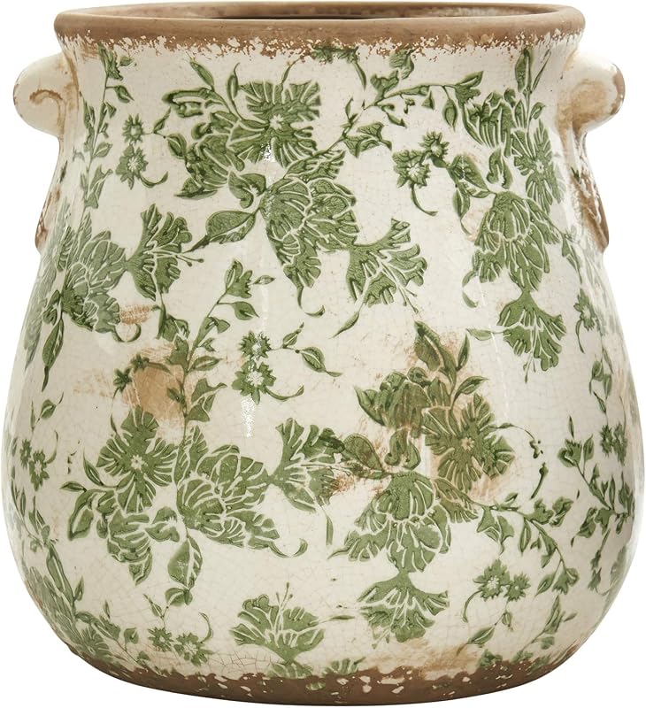 Macetero de cerámica toscana verde de 10 pulgadas Nearly Natural para decoración del hogar | Diseño con estampado floral, jarrón de cerámica decorativo de calidad, decoración elegante y campestre para decoración interior del hogar, estante y mesa