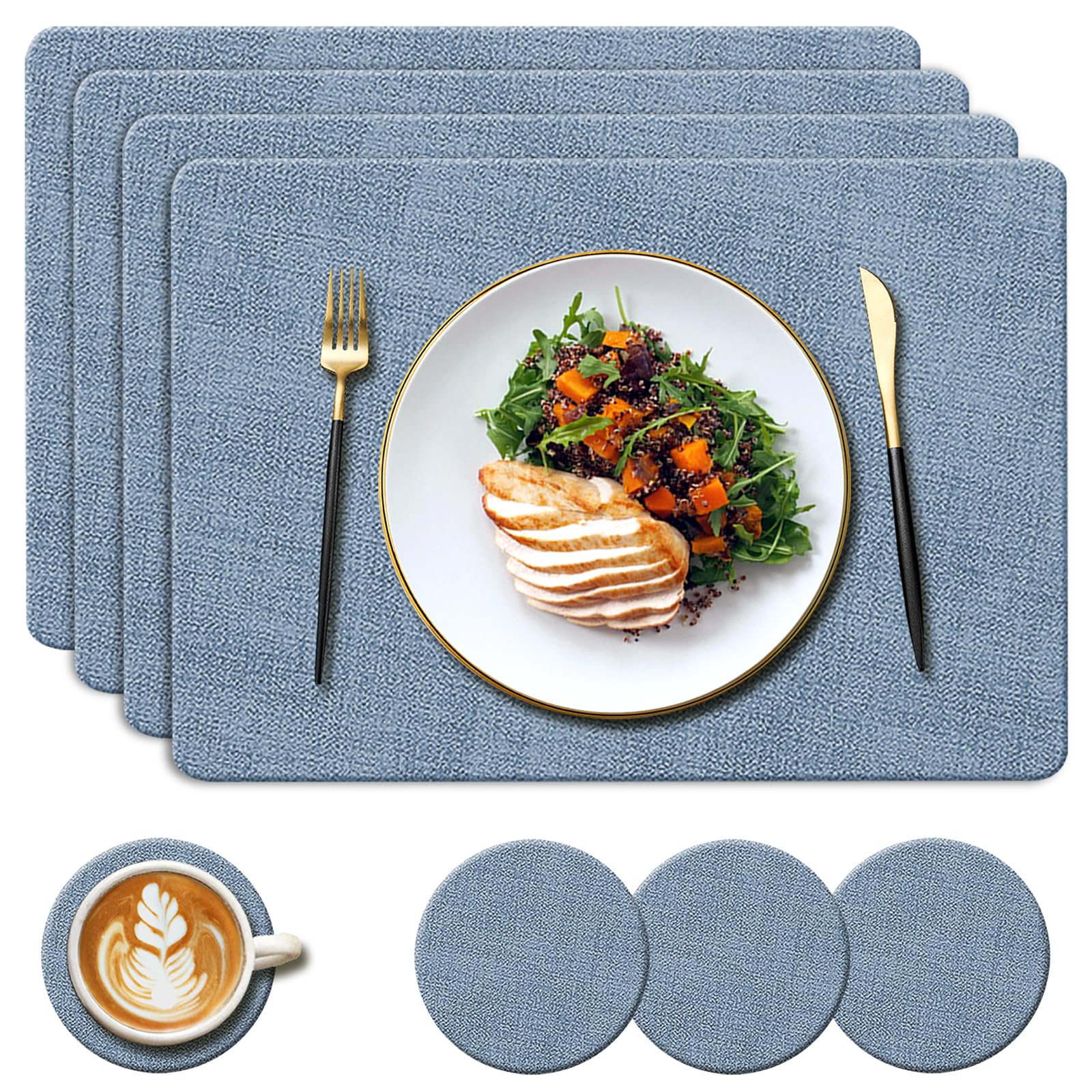 YUNJUER Washable Leather Place mats and Round Coasters Set, Heat Resistant 212 °F, Non-Slip and Waterproof