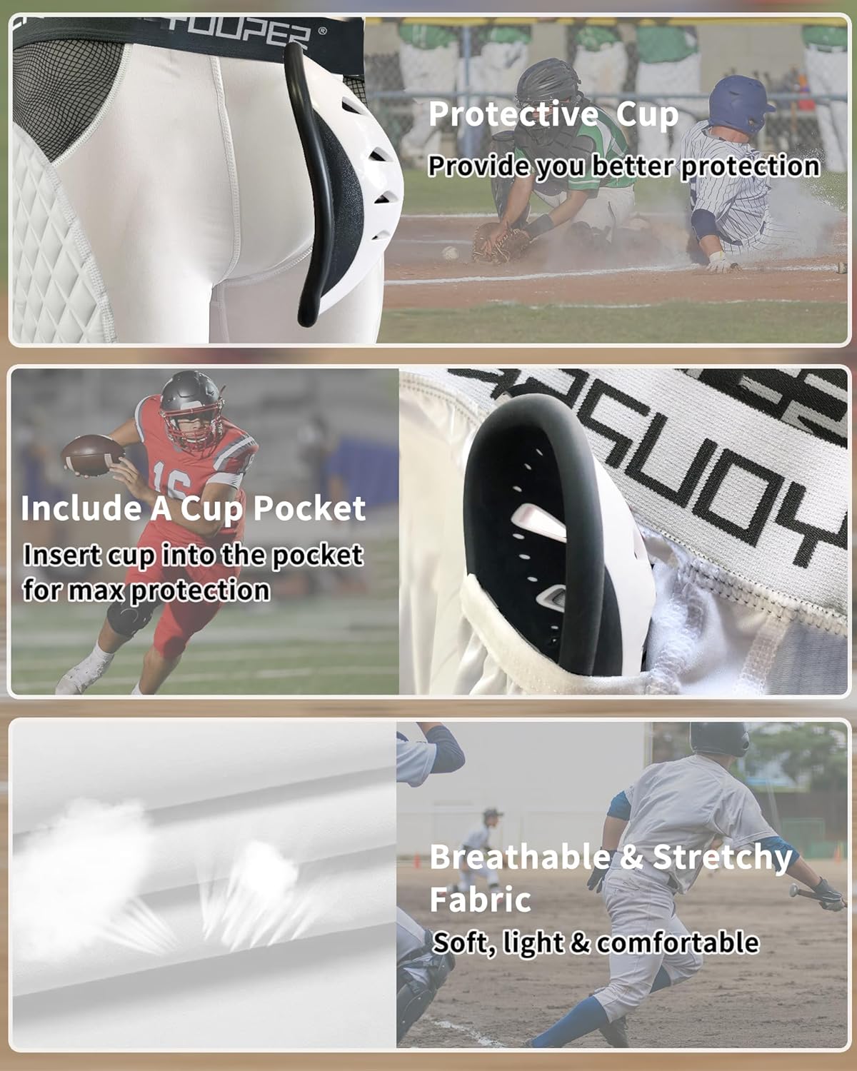 Youper Adult Elite Compression Padded Sliding Shorts w/Protective Athletic Cup for Baseball, Football - Image 3